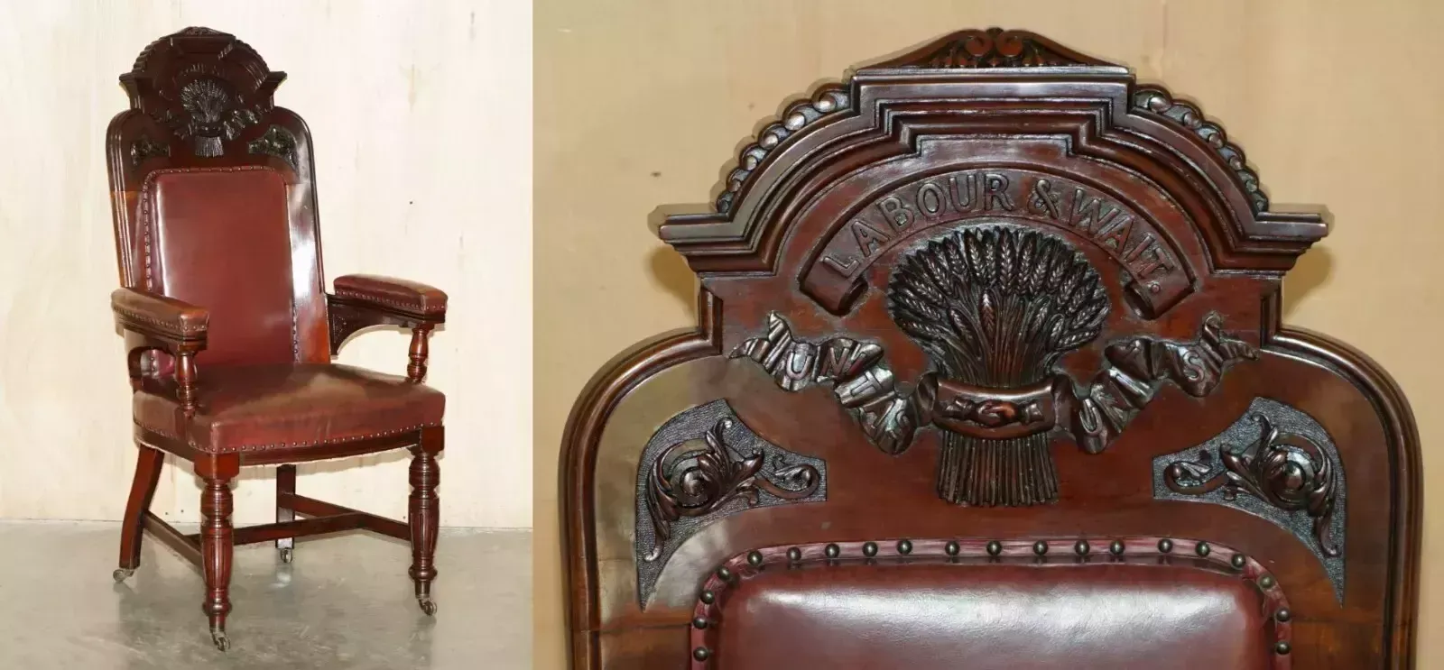 Exqusiite Antique English Hand Carved Harvest "Labour & Wait" Throne Armchair