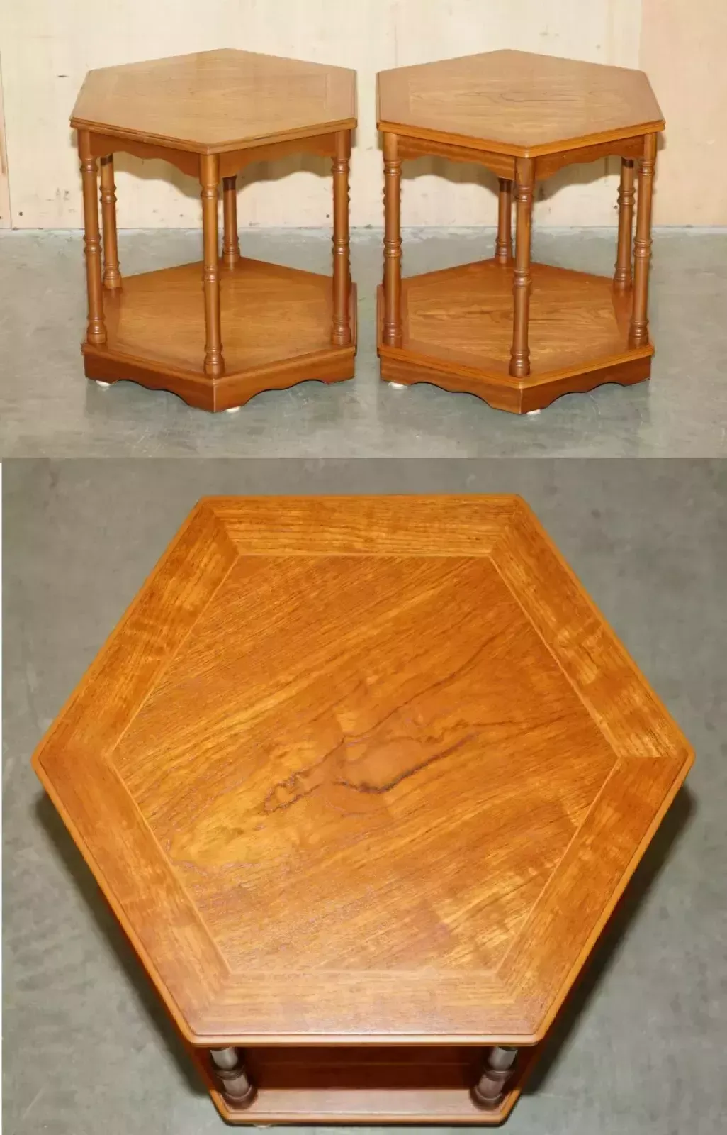 Fine Pair Of Vintage Hexagonal Side End Tables With Chippendale Bamboo Pillars