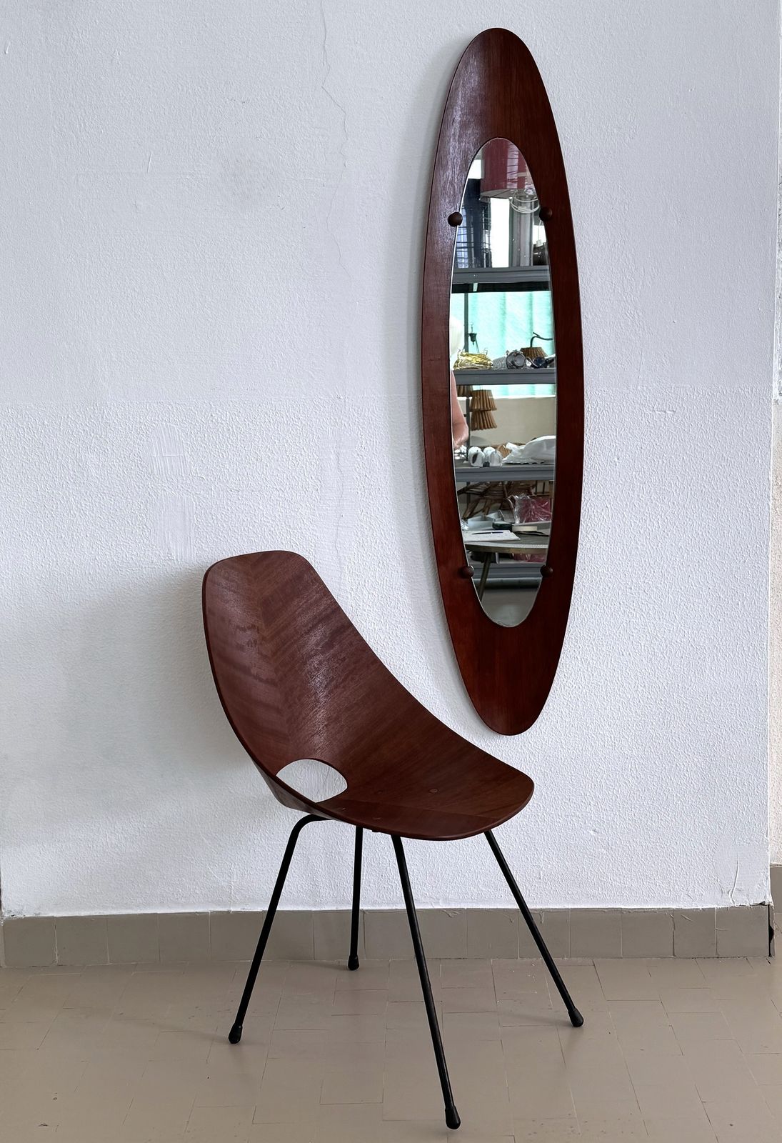 Italian Designer Teak Bentwood Wall Mirror, 1950s photo furniture