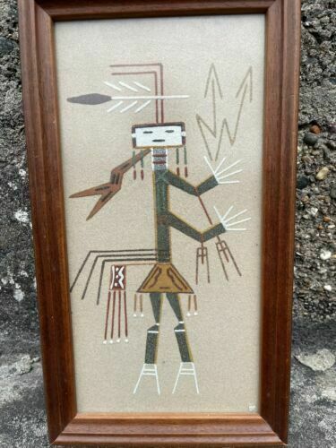 Vintage Rare Framed Native American Navajo Sand Painting Art Lightening Girl photo furniture