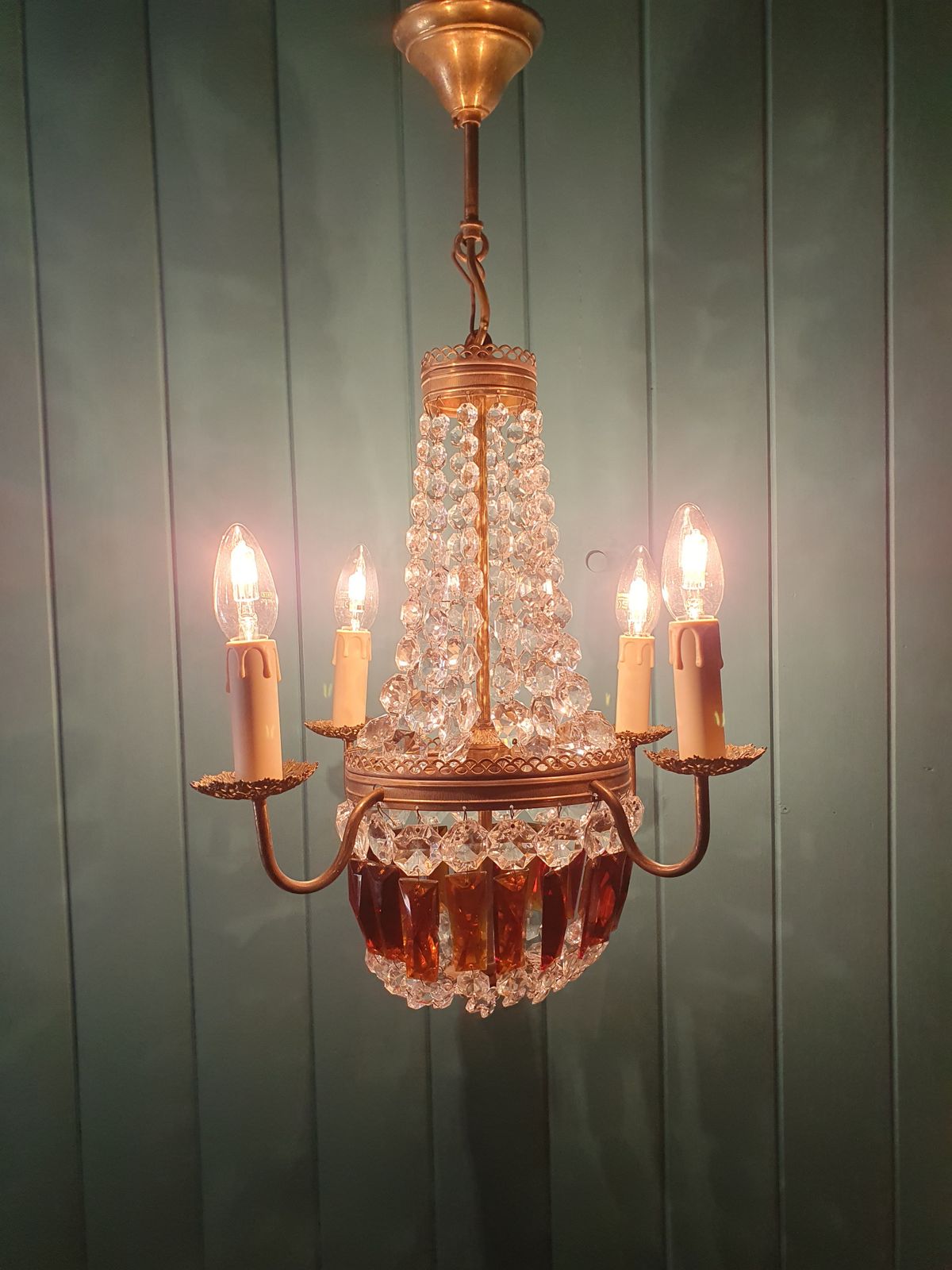 Early 20th Century French Chandelier With Ruby Coloured Prisms photo Lighting