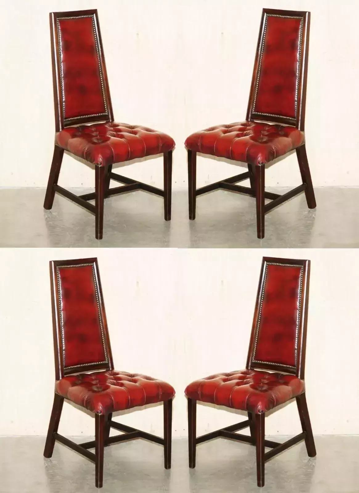 Four Stunning Vintage Oxblood Leather High Back Chesterfield Dining Chairs