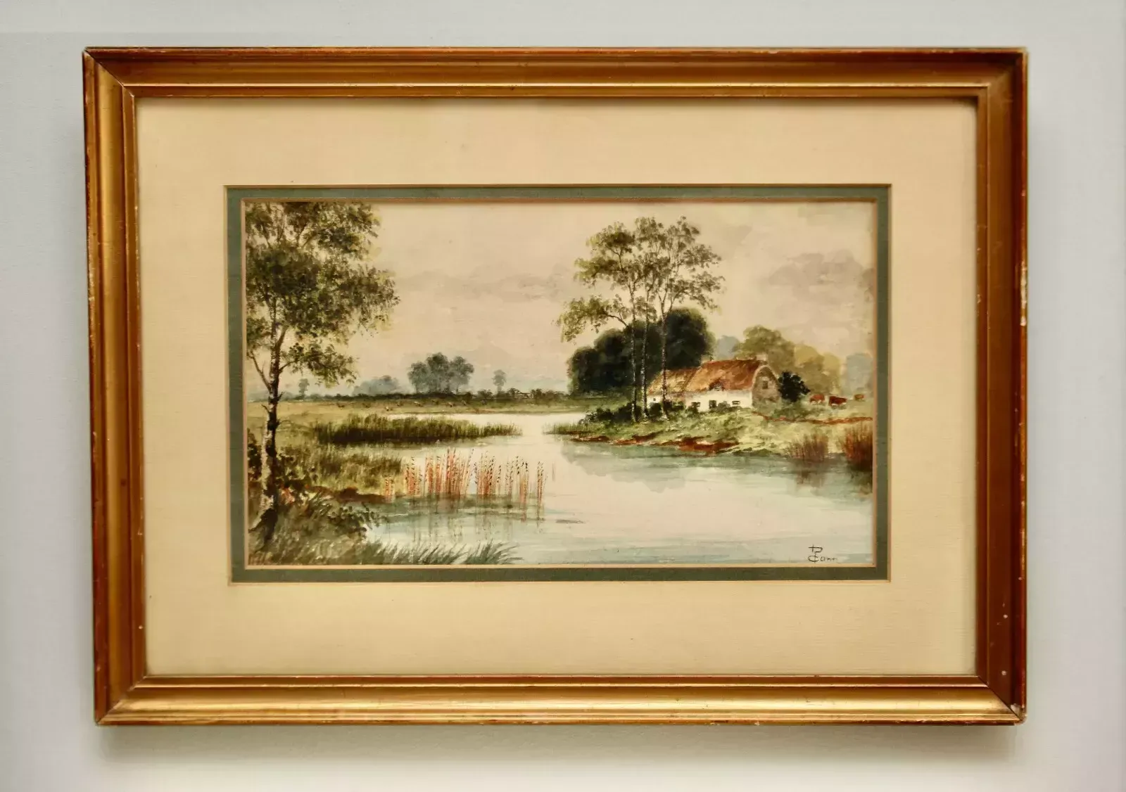 Cann, P. , An Attractive Watercolour Painting, C20th, Cottage Beside A Lake