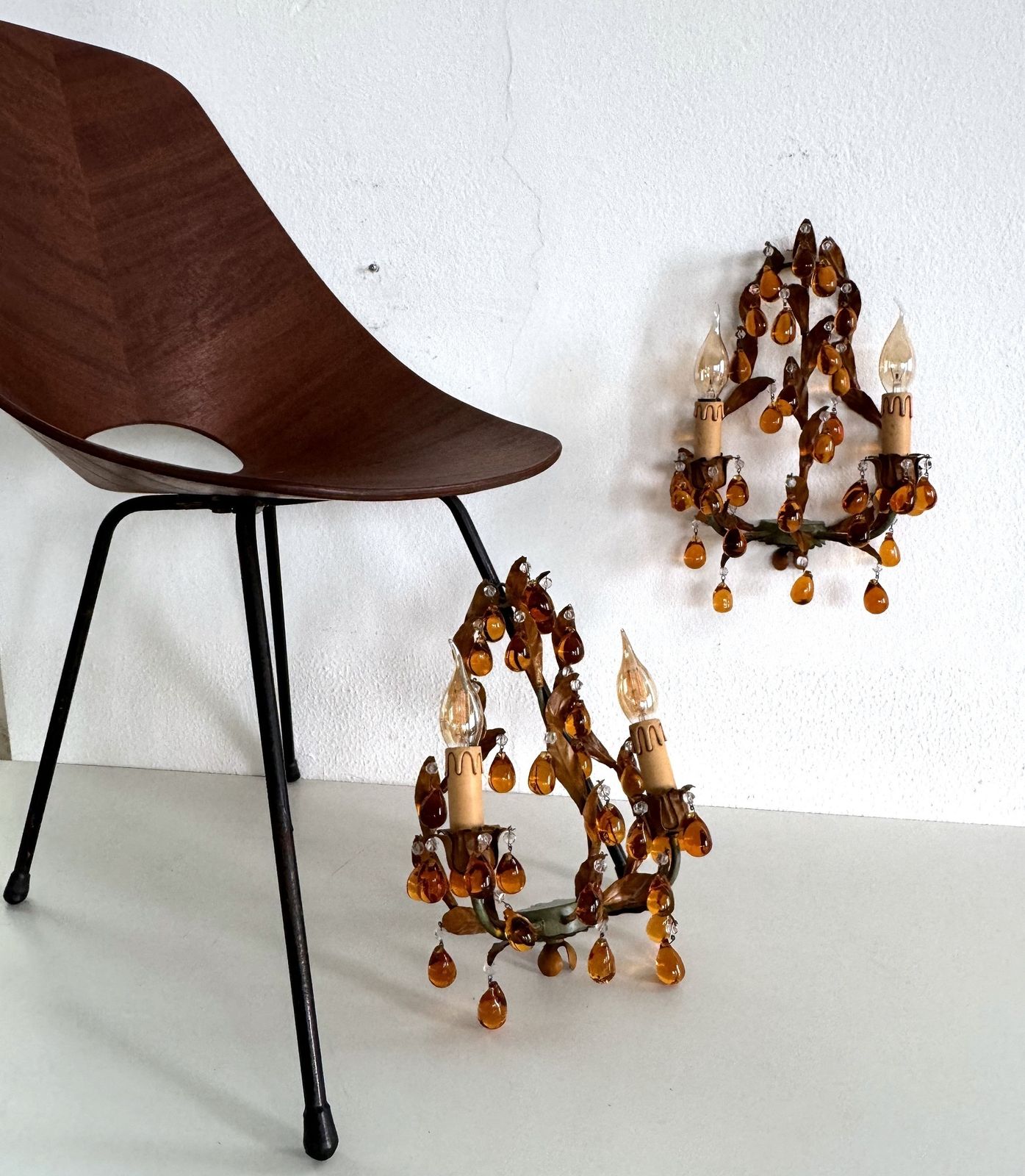 Italian Mid Century Tole And Amber Murano Glass Drops Wall Sconces, 1950s photo furniture