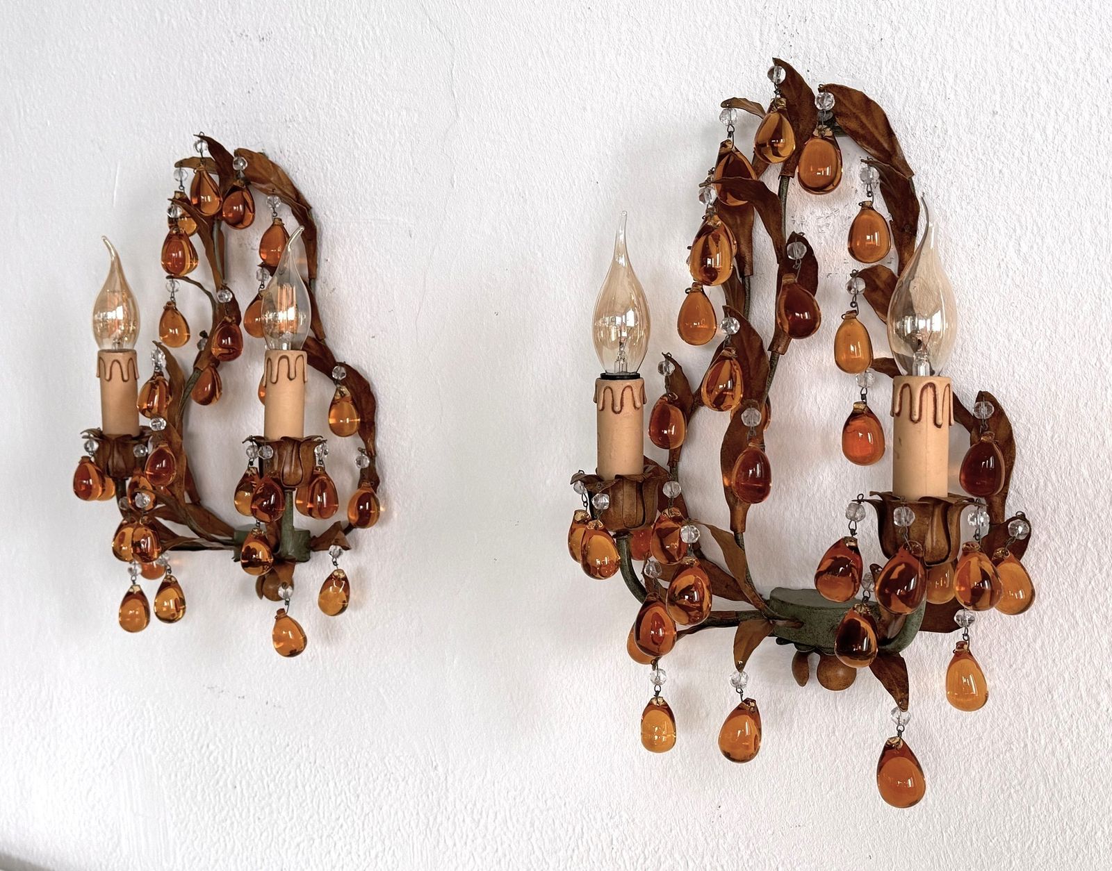 Italian Mid Century Tole And Amber Murano Glass Drops Wall Sconces, 1950s photo for sale