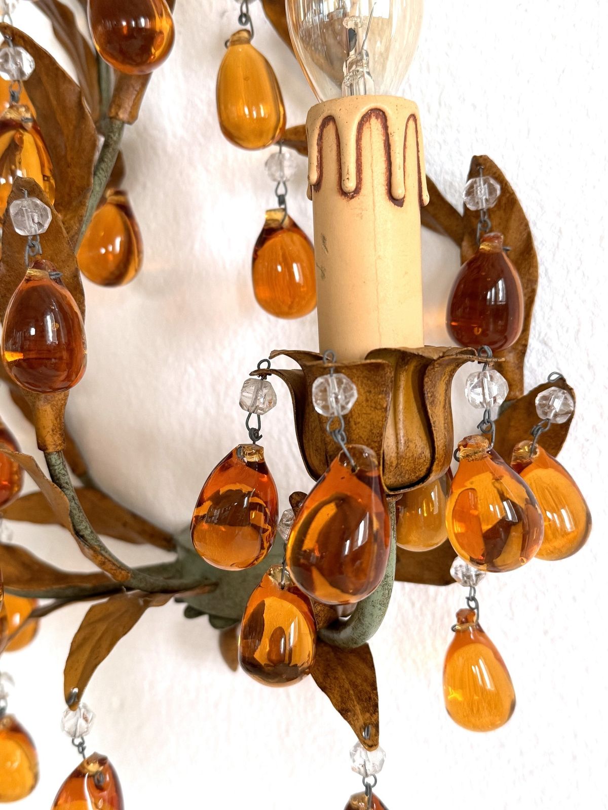 Italian Mid Century Tole And Amber Murano Glass Drops Wall Sconces, 1950s photo 1080.0