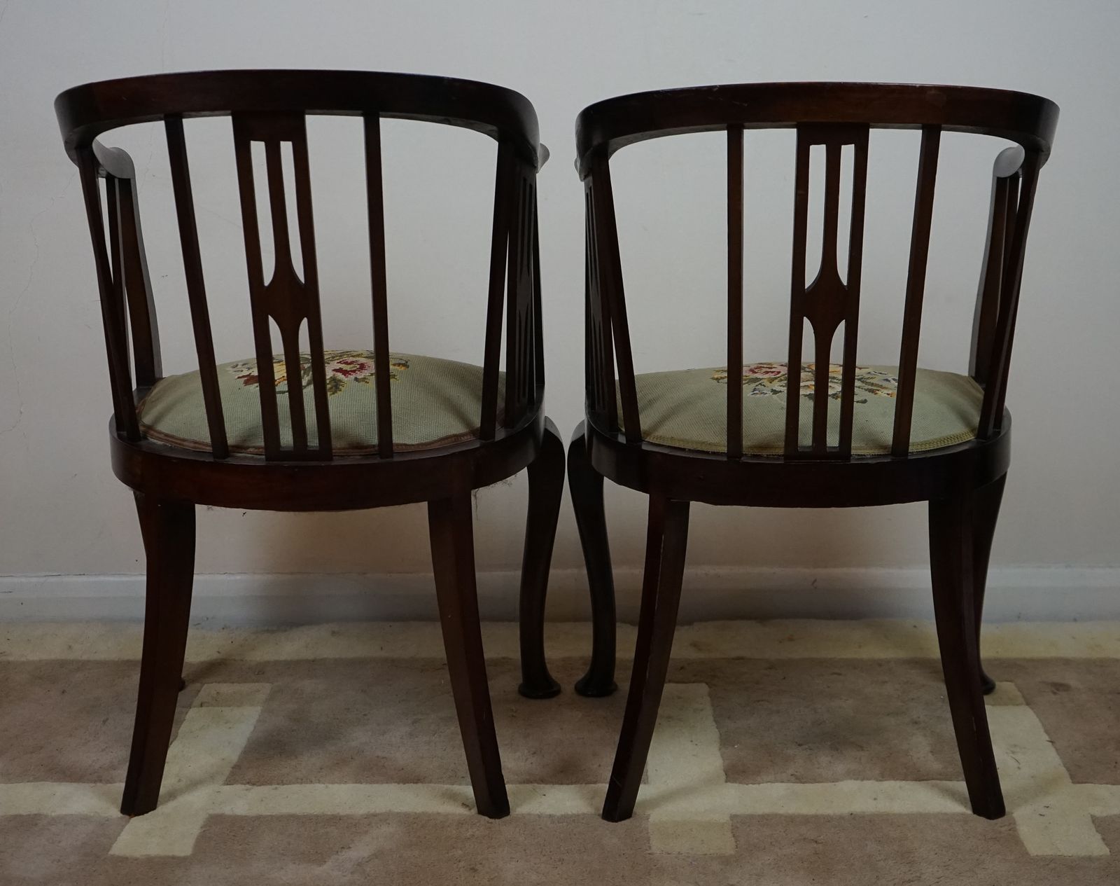 Beautiful Pair Of Edwardian Stick And Tub  Back Armchairs With Berlin Wool Work Seats photo buy