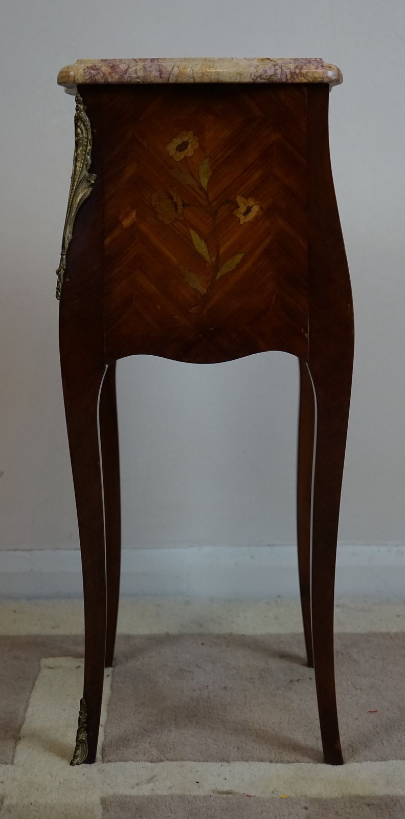 French Kingwood And Floral Marquetry Inlaid Bedside Chest With Marble Top photo furniture