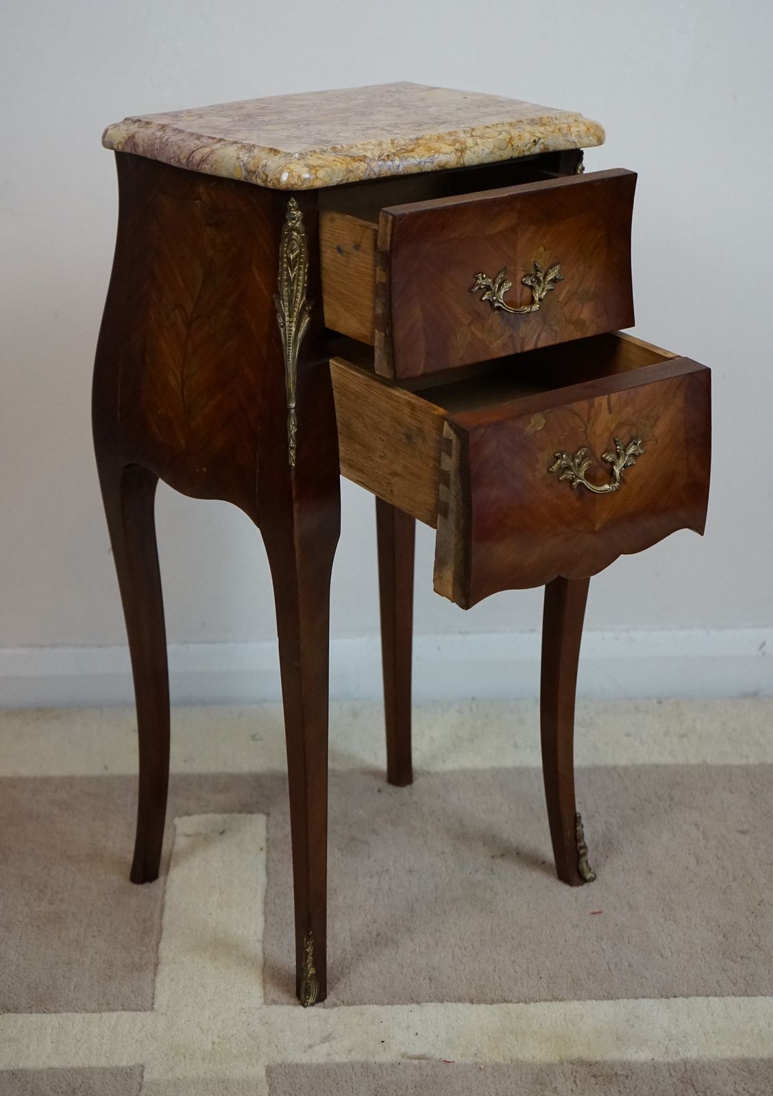 Furniture French Kingwood And Floral Marquetry Inlaid Bedside Chest With Marble Top photo