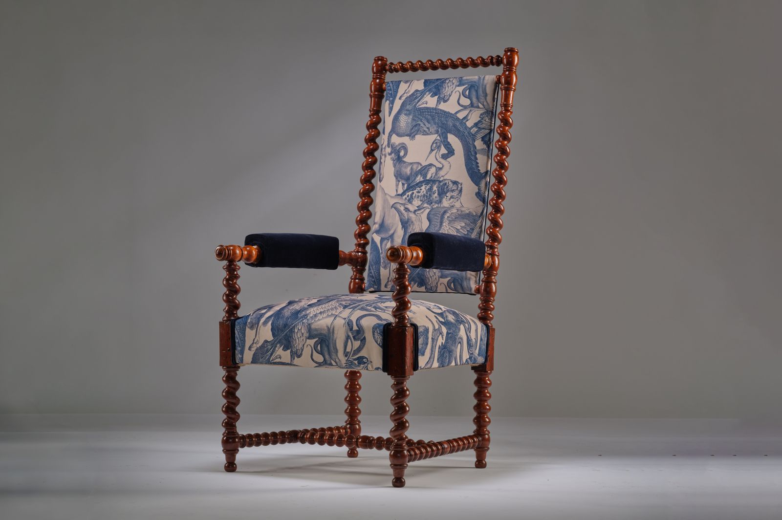 Antique 19th Century ‘Barley With A Twist’ Mythical Creature Velvet Chair, England Circa 1890