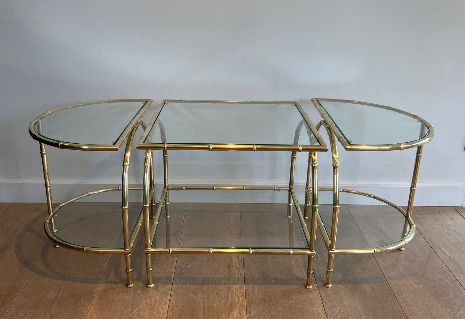Furniture Tripartite Coffee Table In Faux Bamboo Style Brass In The Taste Of Maison Baguès photo