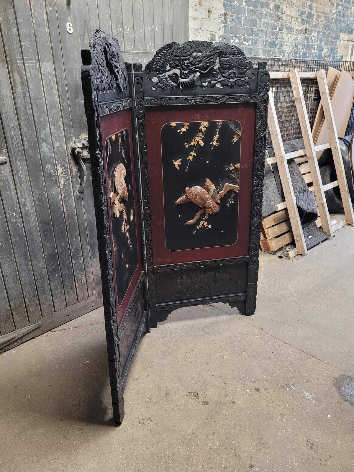Antique 19th Century Japanese Oriental Carved Lacquered Folding Screen photo Home Decor
