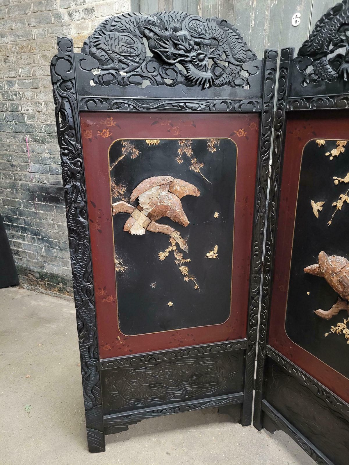 Antique 19th Century Japanese Oriental Carved Lacquered Folding Screen photo 499.0