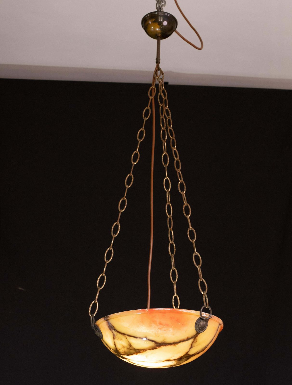 Great Design Red And Orange Art Deco White Alabaster Chandelier, 1940s photo vintage