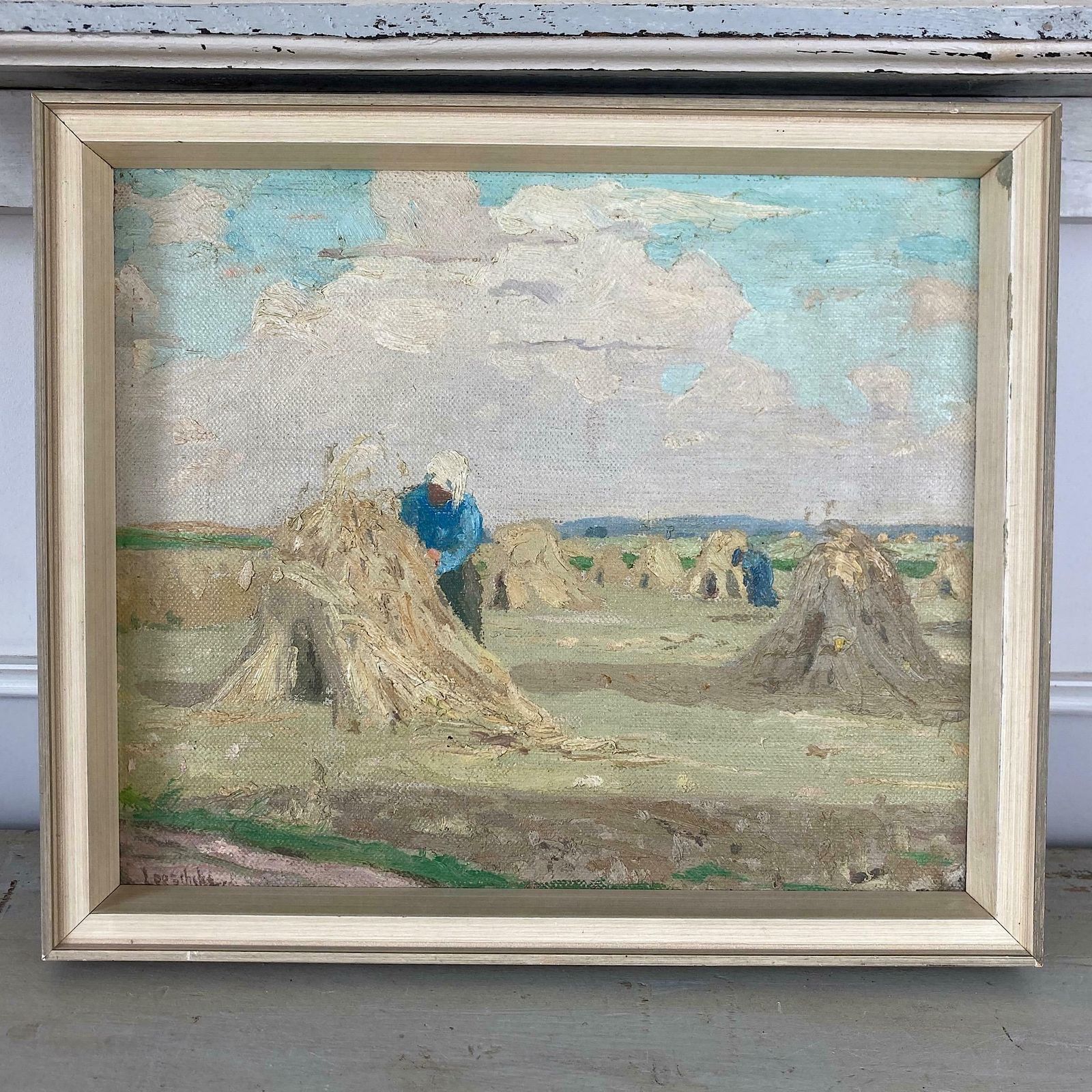 Impressionist Landscape   Antique Oil Impressionist Painting Of A Sunlit Meadow At Harvest Time By R. Löschke (1887 1920) photo furniture