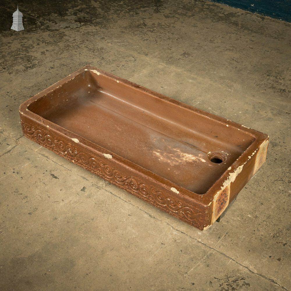Shallow Trough Sink, 19th C Salt Glazed, Left Hand Return With Decorative Floral Design photo 780.0