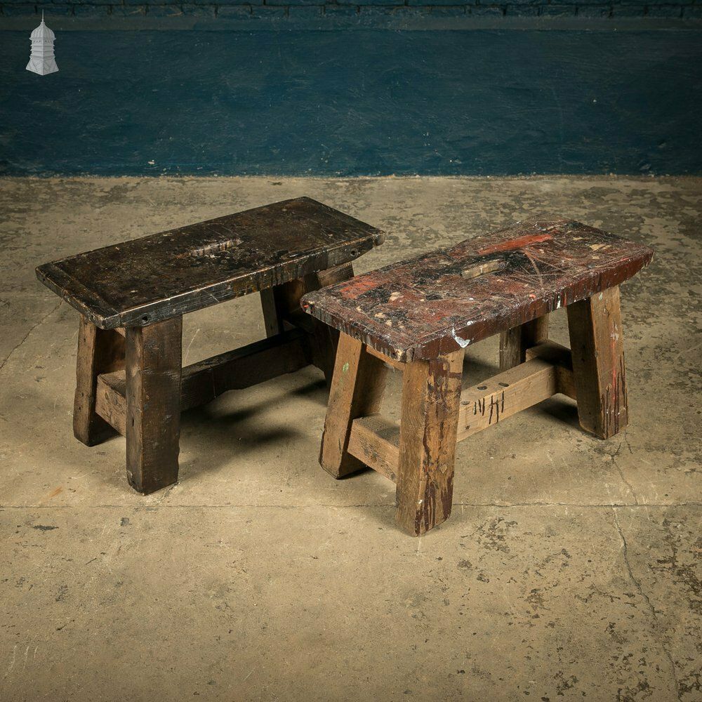 Trestle Step Stools, Pair Of Rustic Pine Industrial Workshop Stools photo Furniture