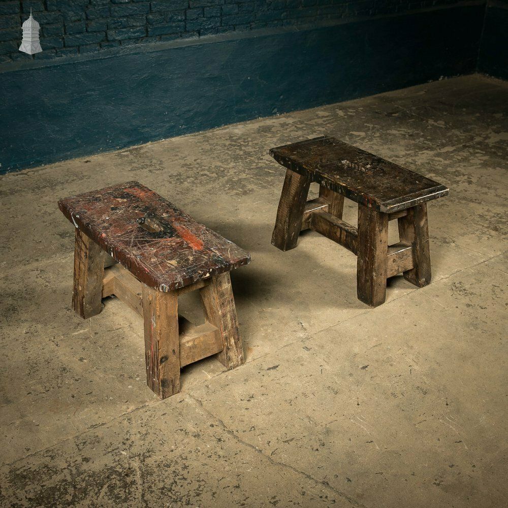 Trestle Step Stools, Pair Of Rustic Pine Industrial Workshop Stools photo buy