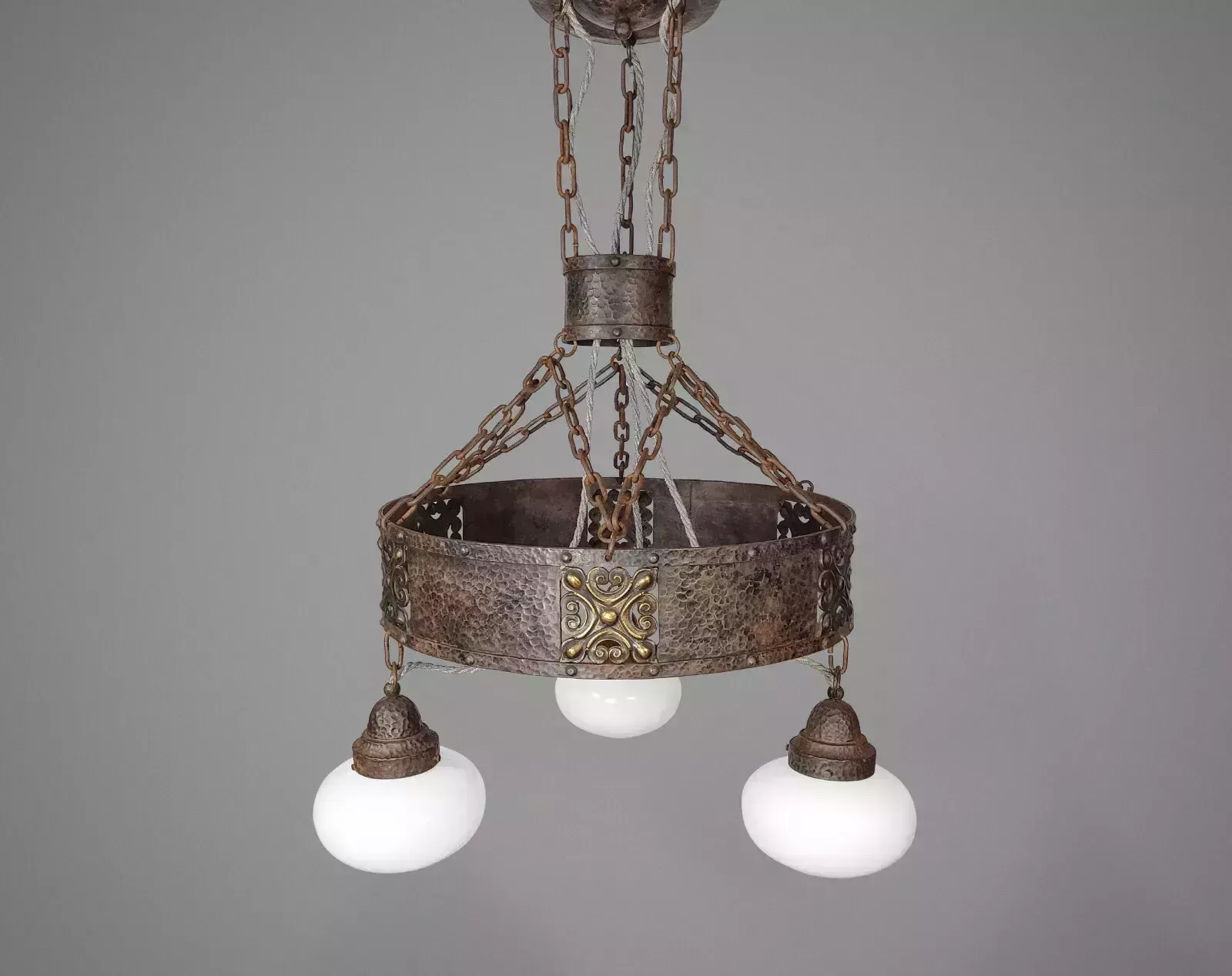 Xl Antique Arts & Crafts Iron & Bronze Chandelier With Opaline Glass Shades
