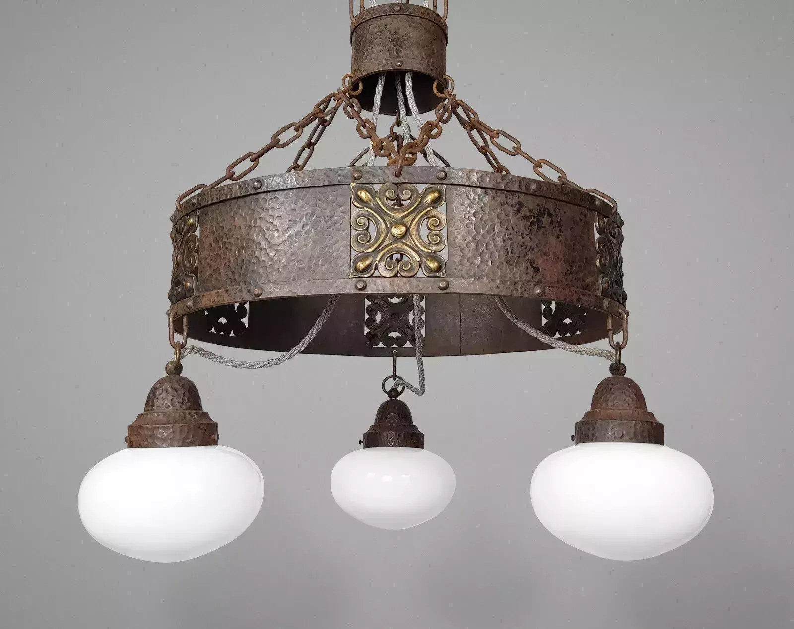 Xl Antique Arts & Crafts Iron & Bronze Chandelier With Opaline Glass Shades photo furniture