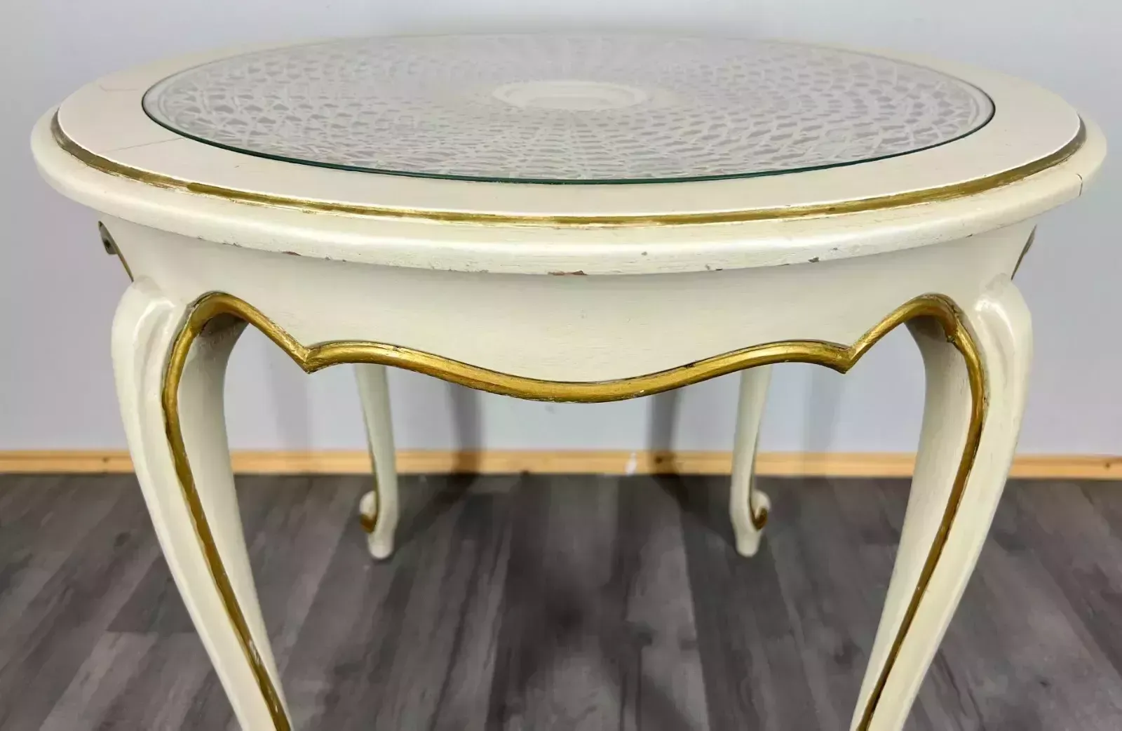 Shabby Chic Coffee Table Round With Glass Top French Louis XIV Lot 3282 photo for sale