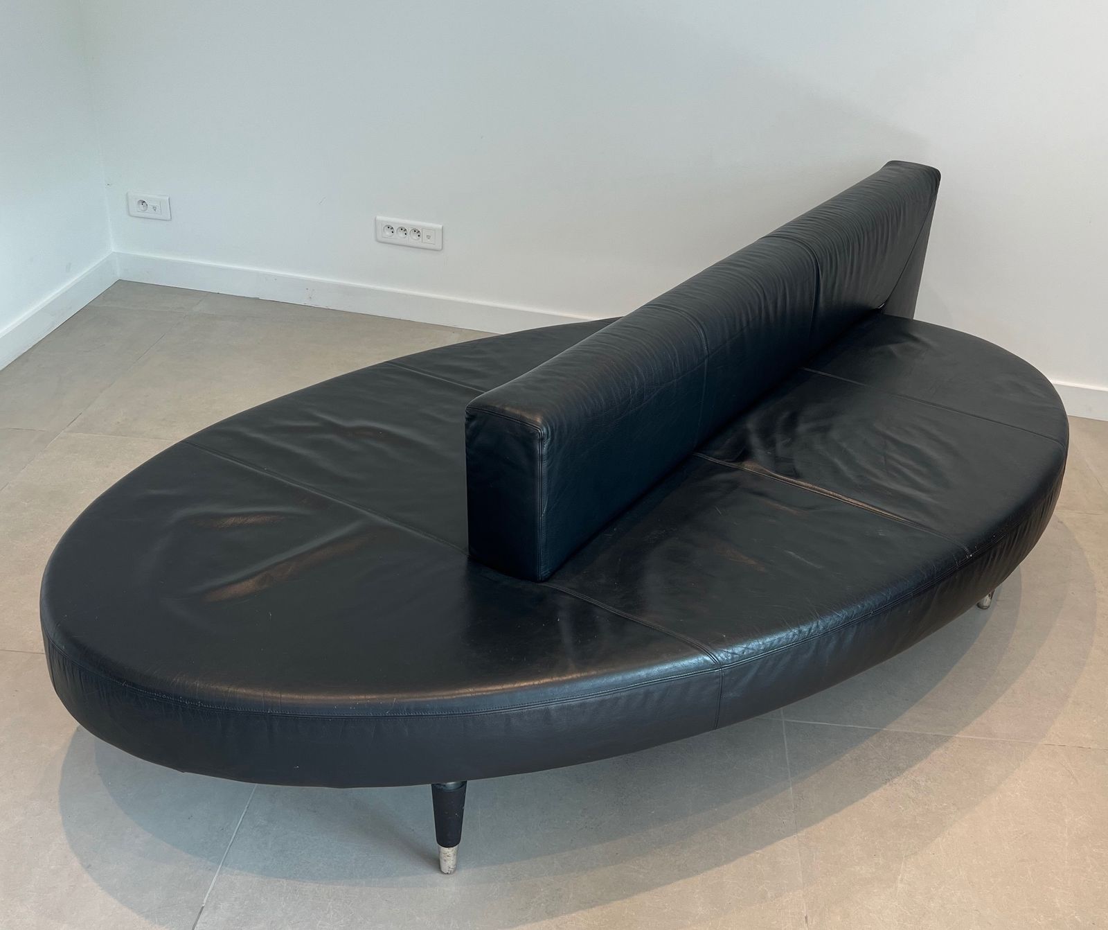 Rare Oval Design Sofa In Black Leather And Chrome Feet. French Work. Circa 1970 photo furniture