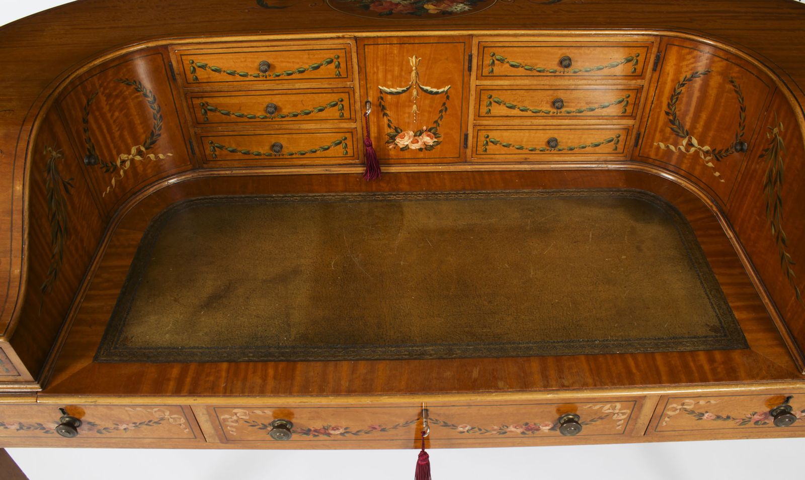 Edwardian Satin Wood & Floral Painted Carlton House Writing Desk C 1900 photo for sale