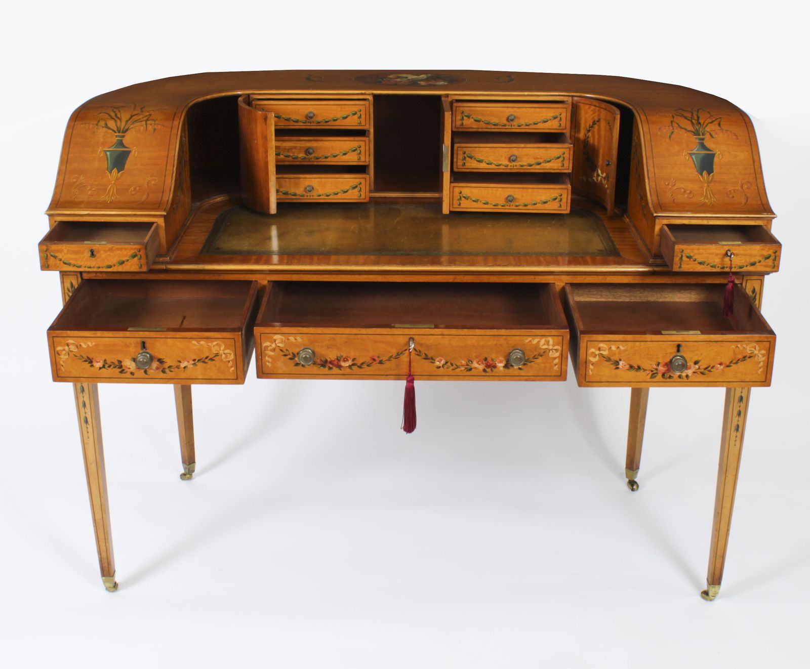 Furniture Edwardian Satin Wood & Floral Painted Carlton House Writing Desk C 1900 photo