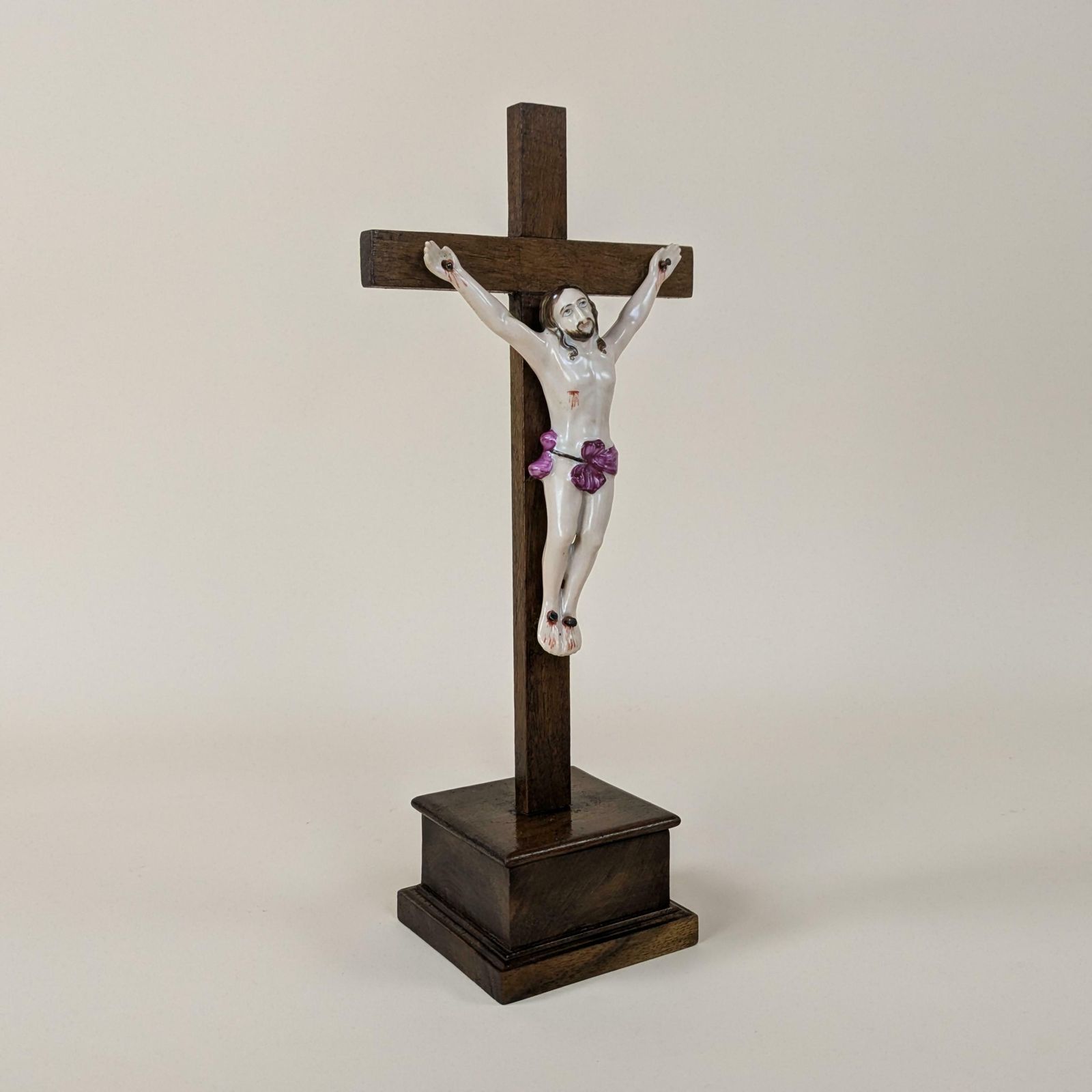 Antique French Crucifix Pottery & Wood Jesus Christian Holy Cross 19th Century Religious Decor Hand Painted Ceramic 1800s Crucifixion photo Home Decor