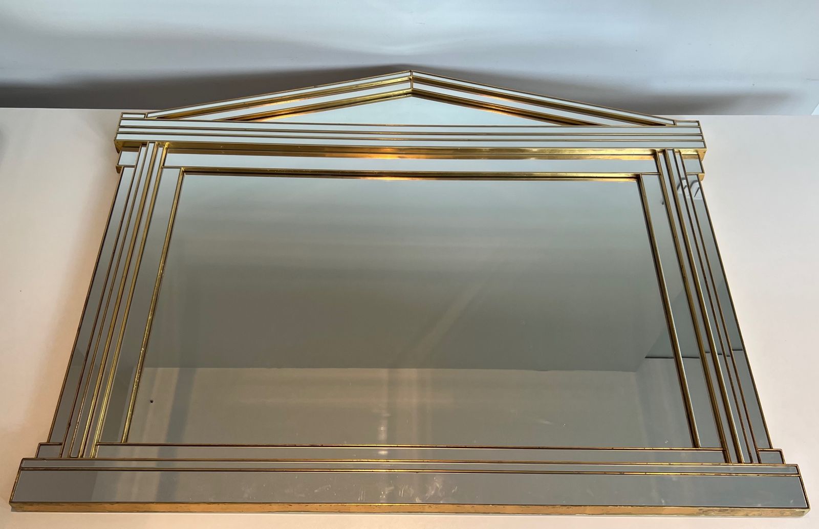 Large Domus Mirror In Wood, Golden Plexiglass And Mirrors photo for sale