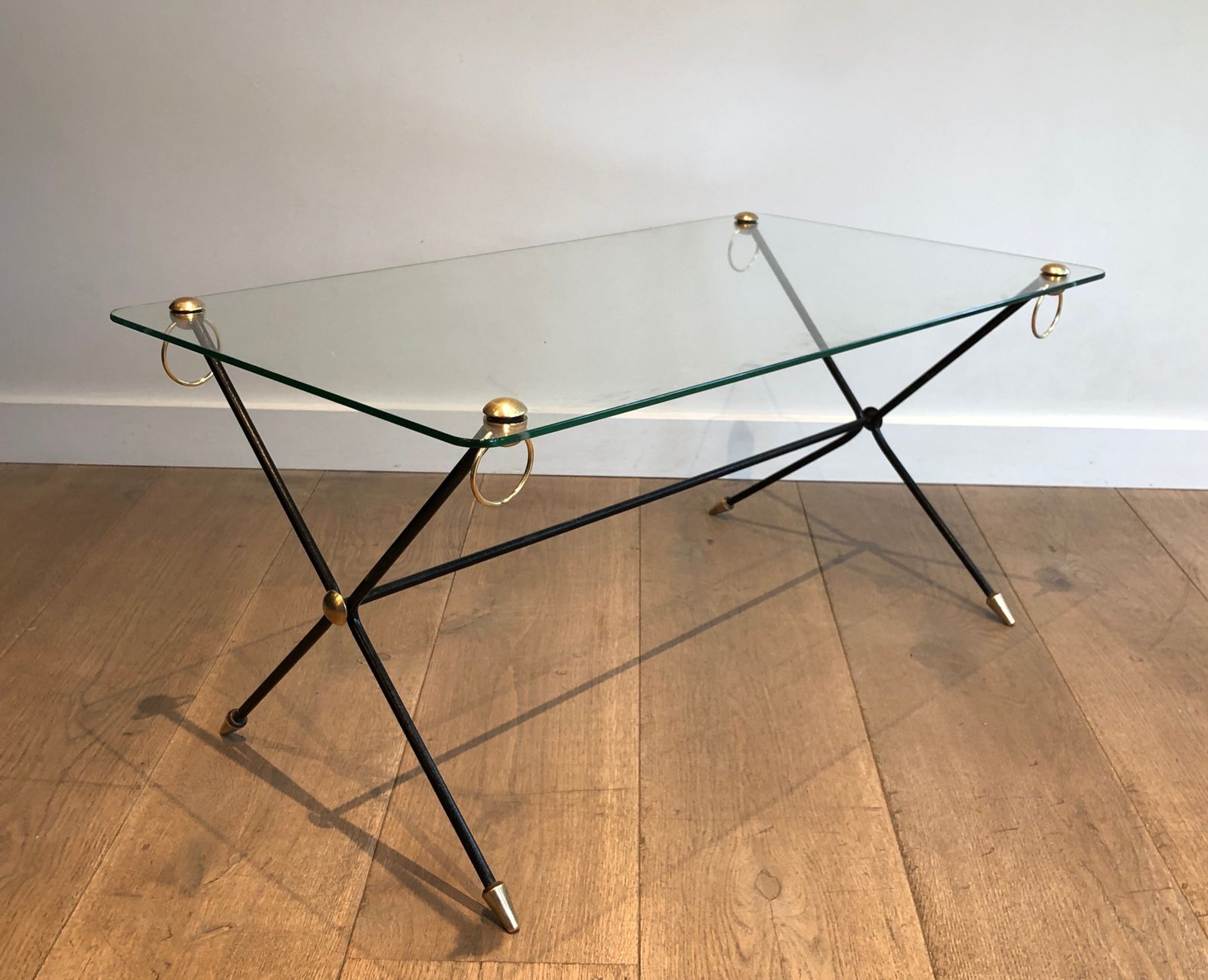 Coffee Table In Lacquered Brass Metal And Glass Slab By Jacques Adnet