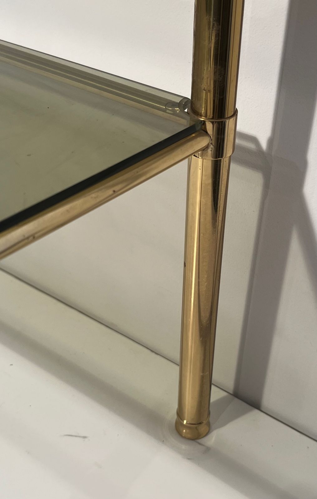 Pair Of Brass End Tables With Smoked Glass Trays. Circa 1970 photo vinterior