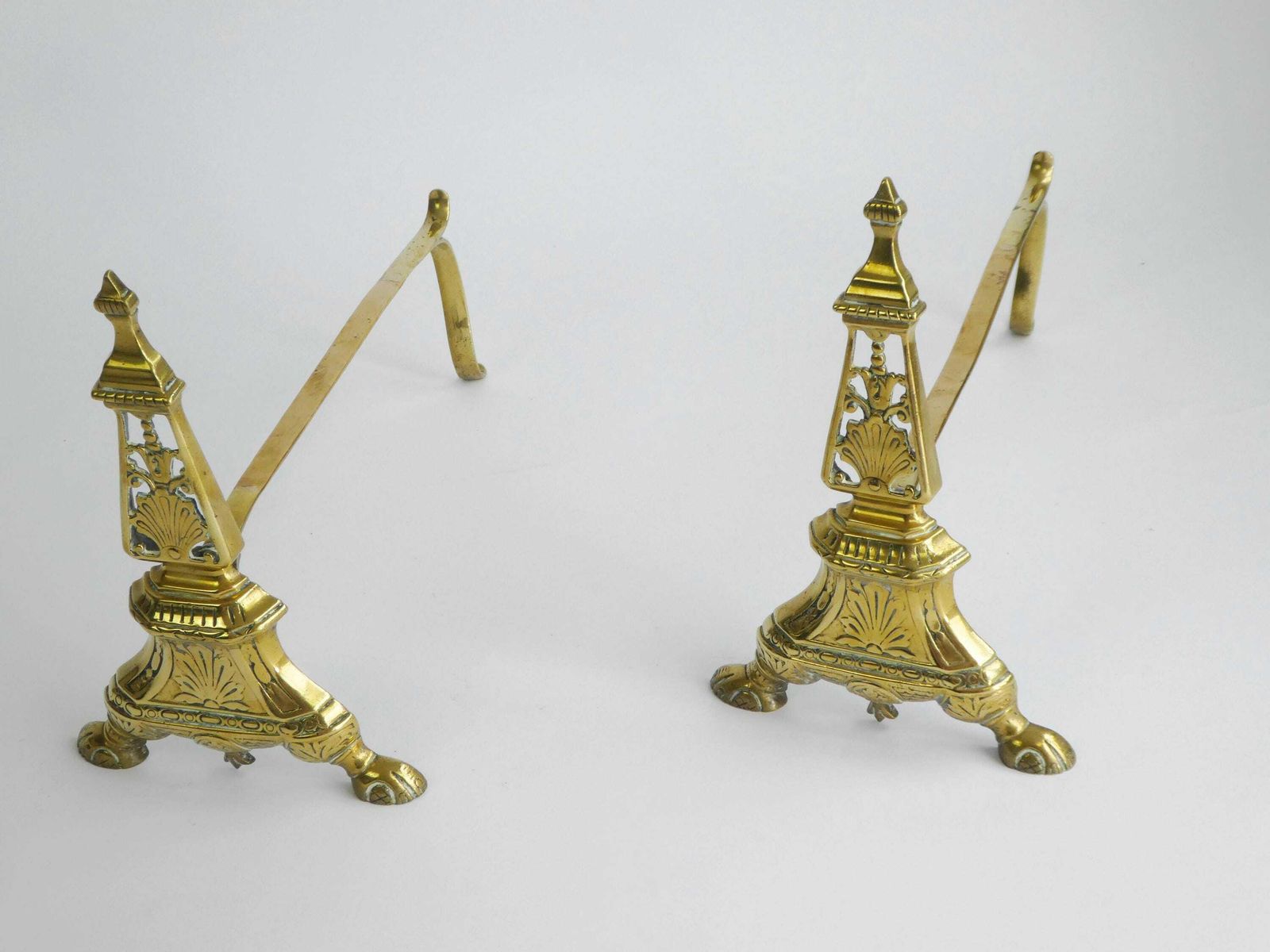Beautiful Antique Set Of Brass Andirons, Ornate Golden Fireplace Blocks, Hollywood Regency Decor photo Home Fixtures