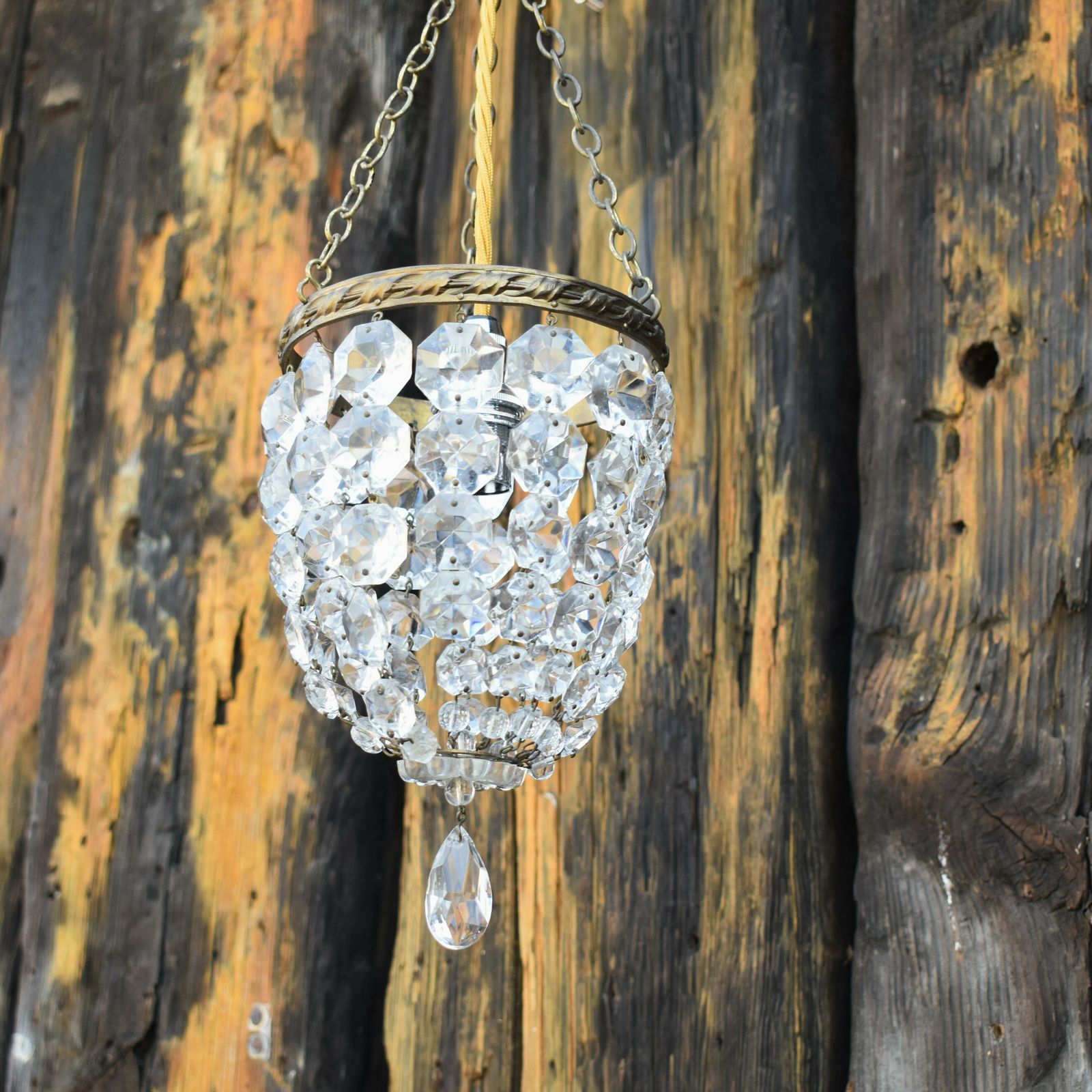 Antique Vintage Lead Crystal Lustre Droplet Basket Brass Ceiling Light Chandlier
