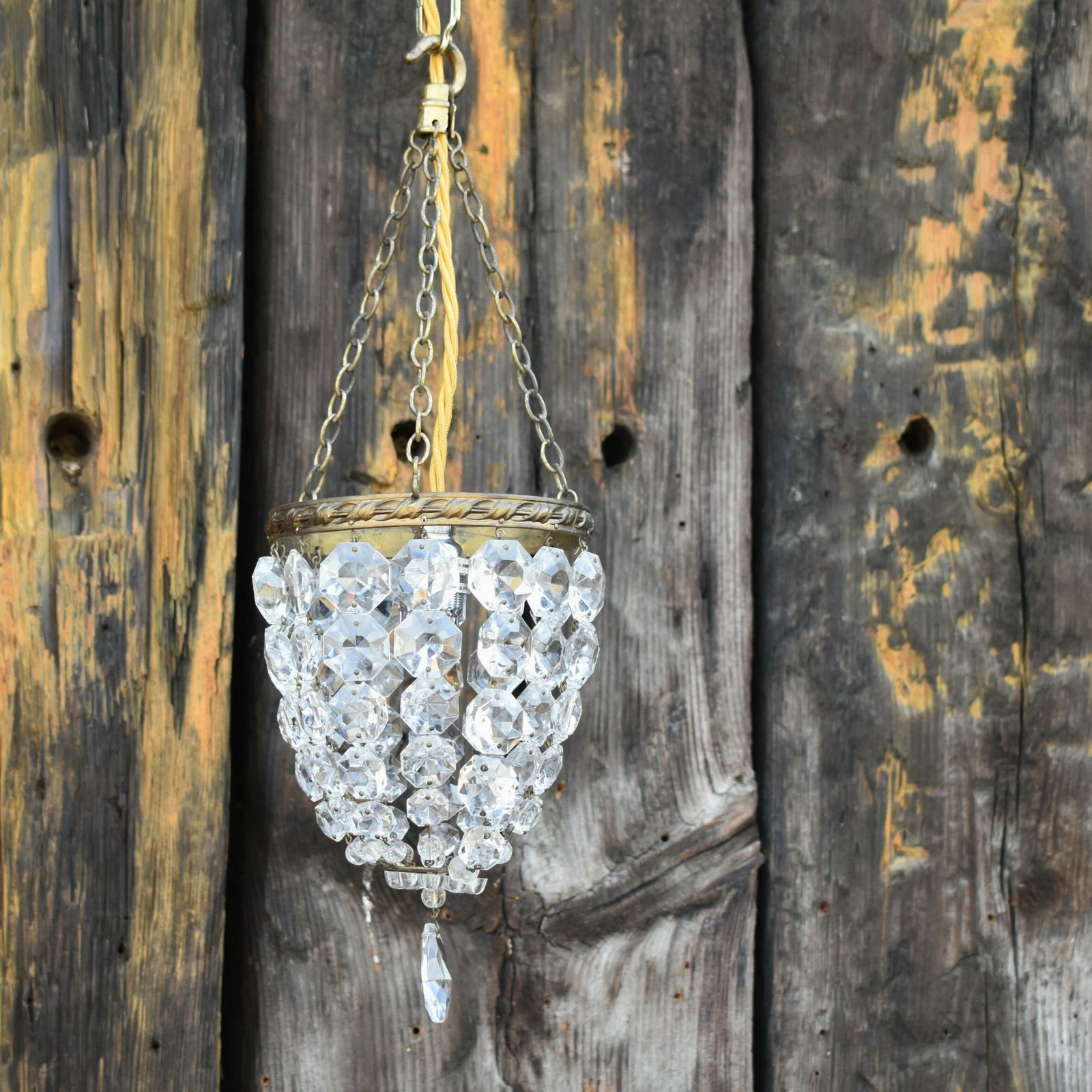 Antique Vintage Lead Crystal Lustre Droplet Basket Brass Ceiling Light Chandlier photo furniture