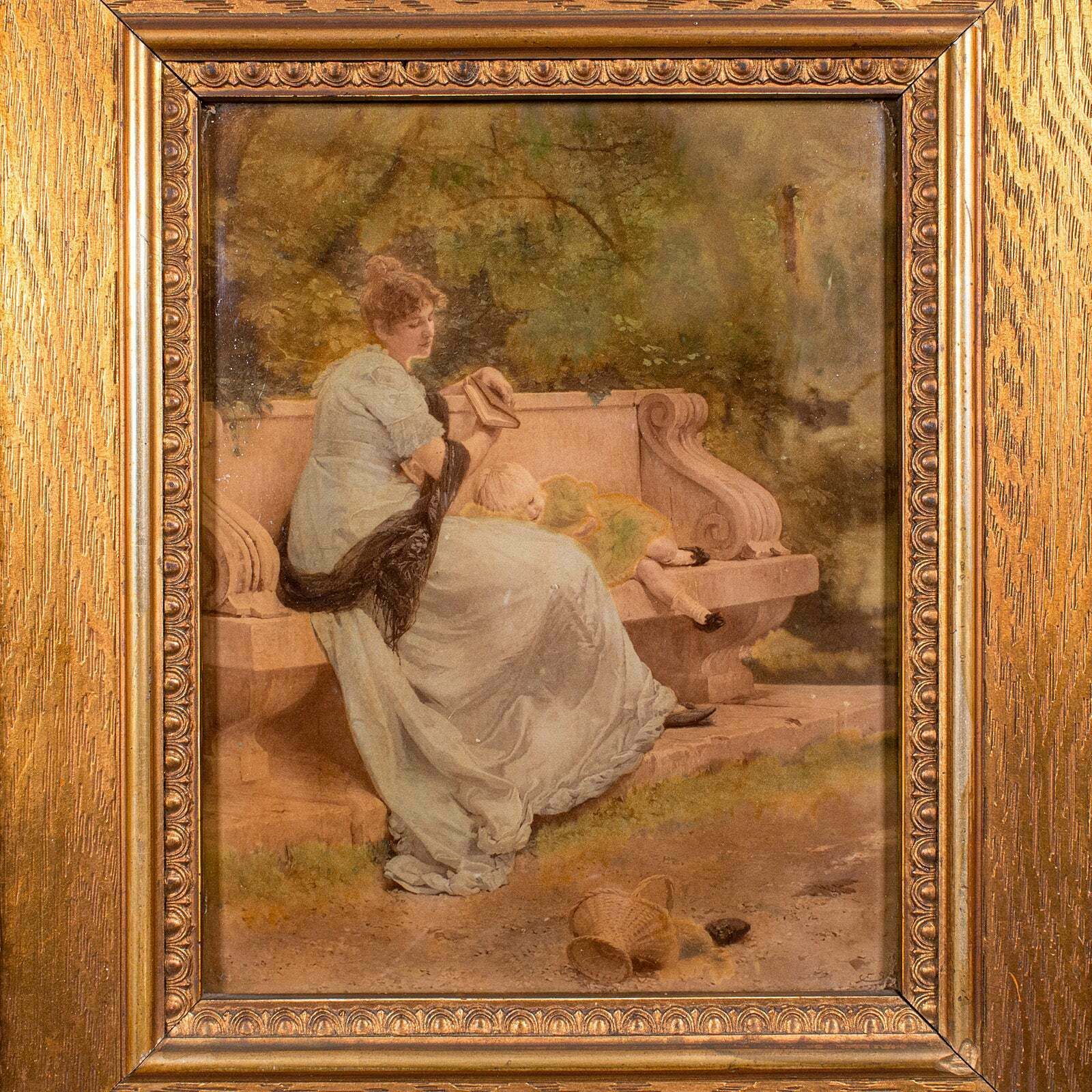 Antique Convex Glass Print, Continental, Framed Art, Impressionist, Victorian photo Art
