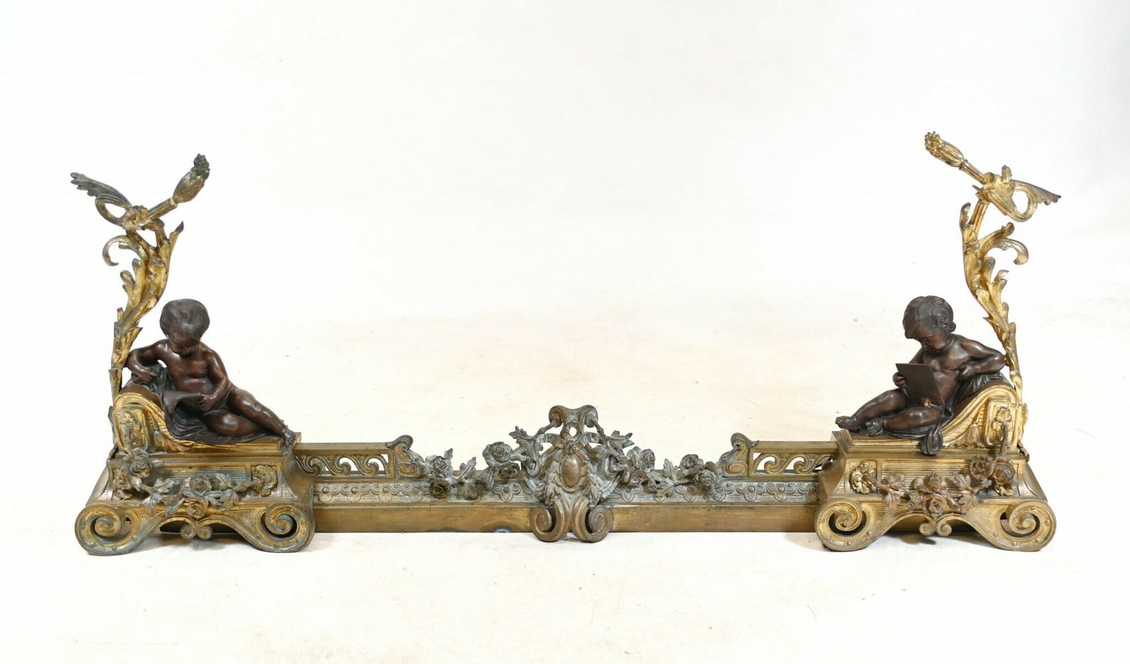 French Bronze Chenet Andiron Parcel Gilt Cherub Fire Grate photo for sale