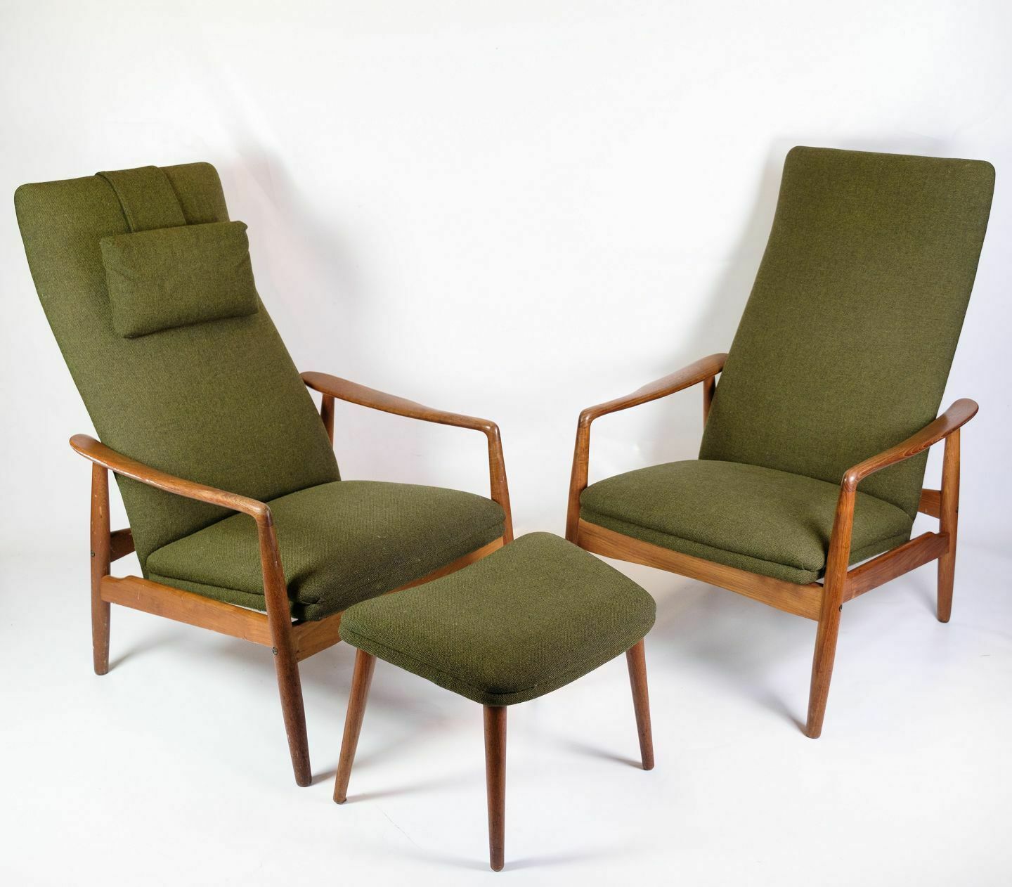 Set Of 2 Armchairs With Stool In Teak & Green Fabric By Alf Svensson For Fritz Hansen From 1960s