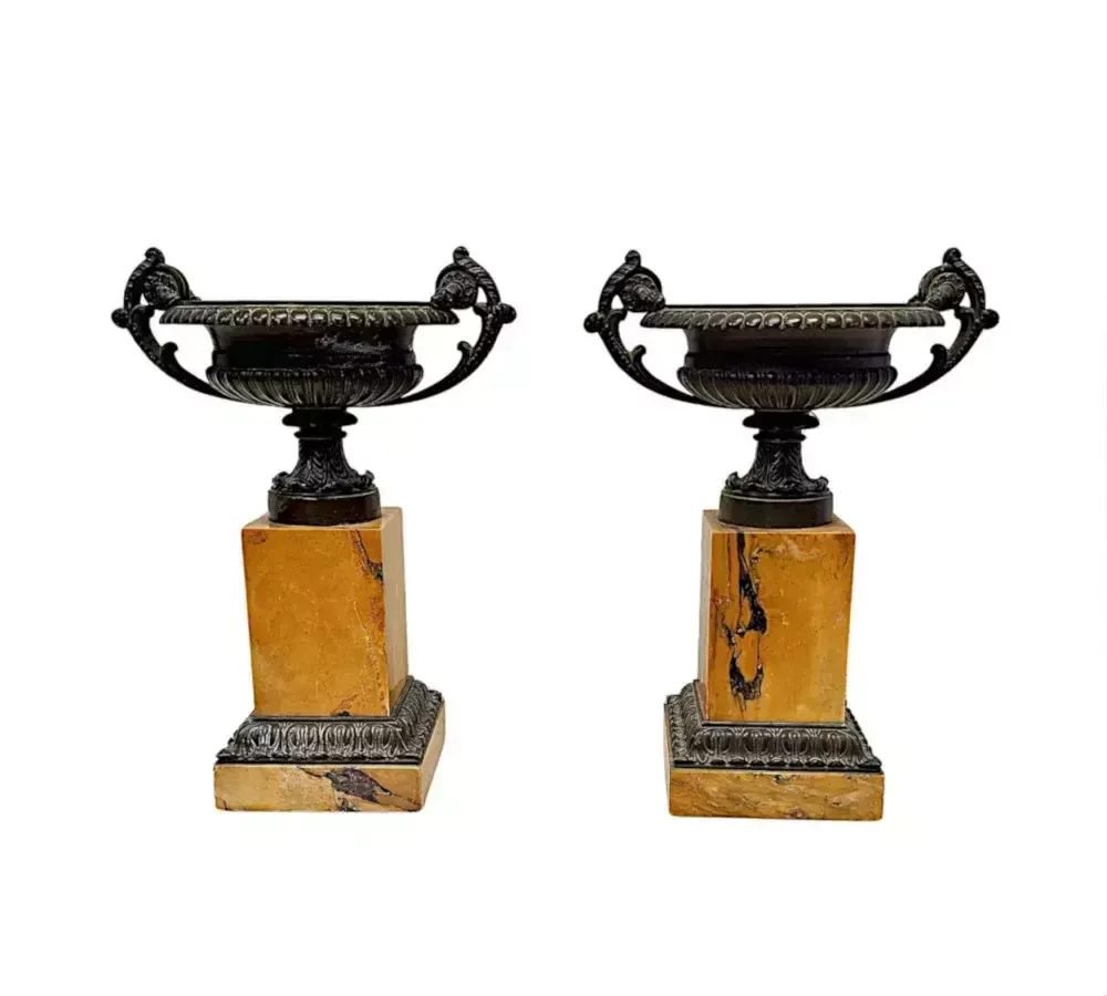 A Very Rare Pair Of 19th Century Bronze And Sienna Marble Tazza Urns photo for sale