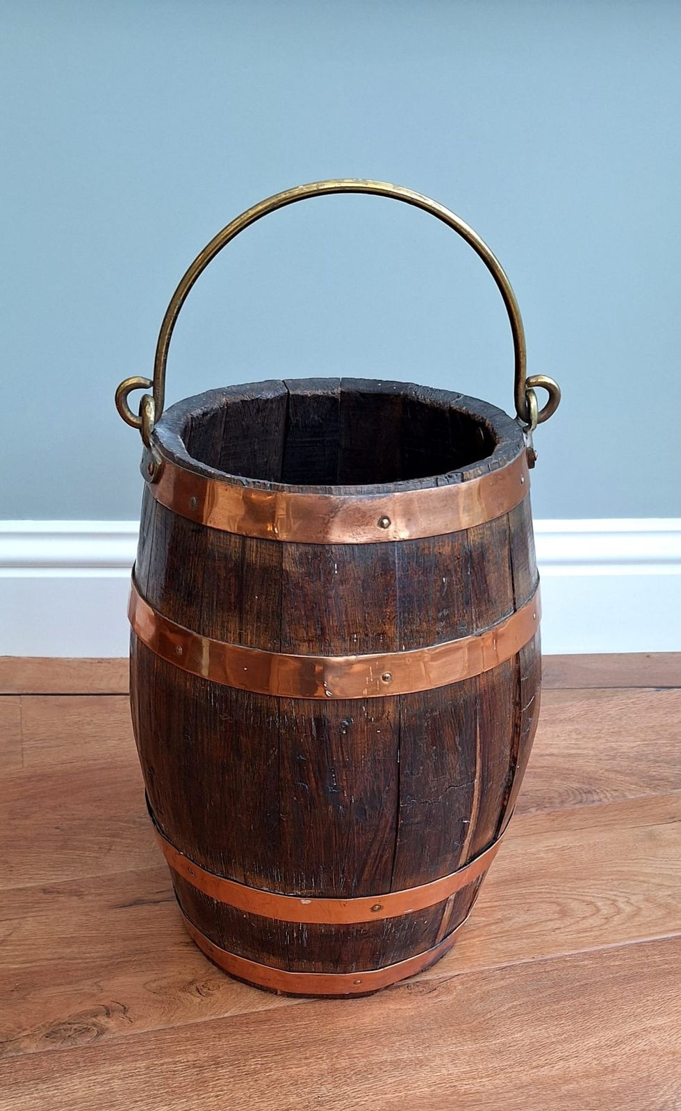 Antique C19th Copper And Oak Barrel Bucket For Coal, Logs, Sticks, Umbrellas photo furniture