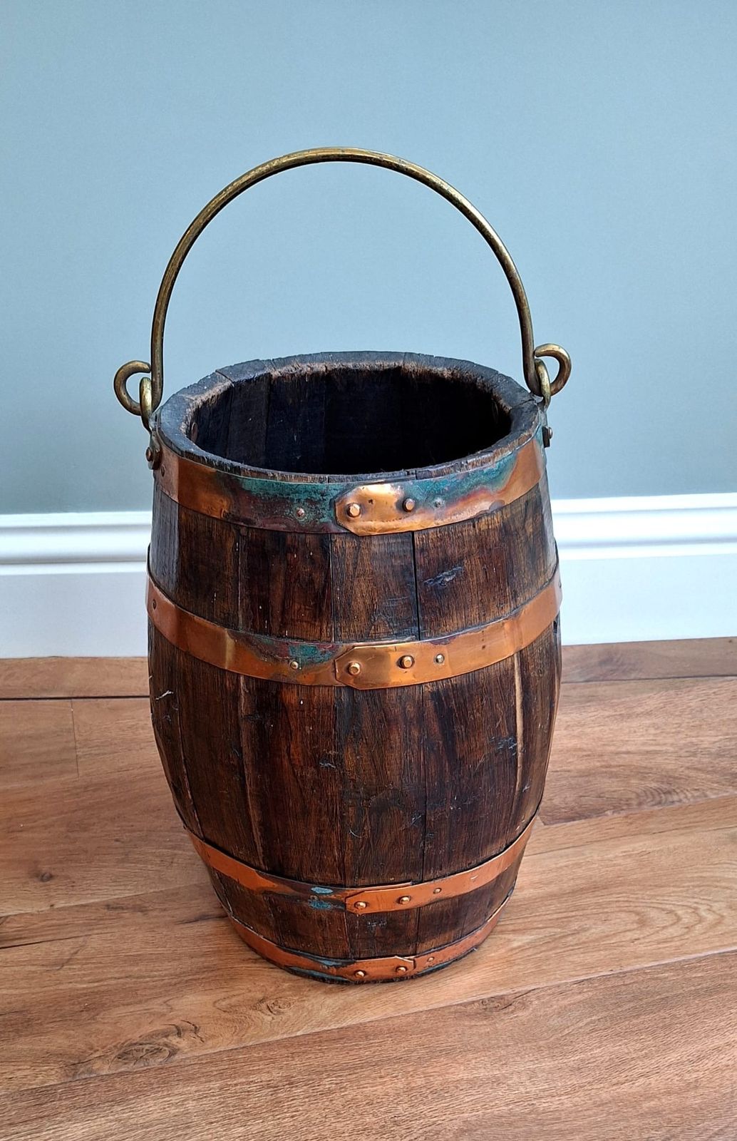 Antique C19th Copper And Oak Barrel Bucket For Coal, Logs, Sticks, Umbrellas photo vinterior
