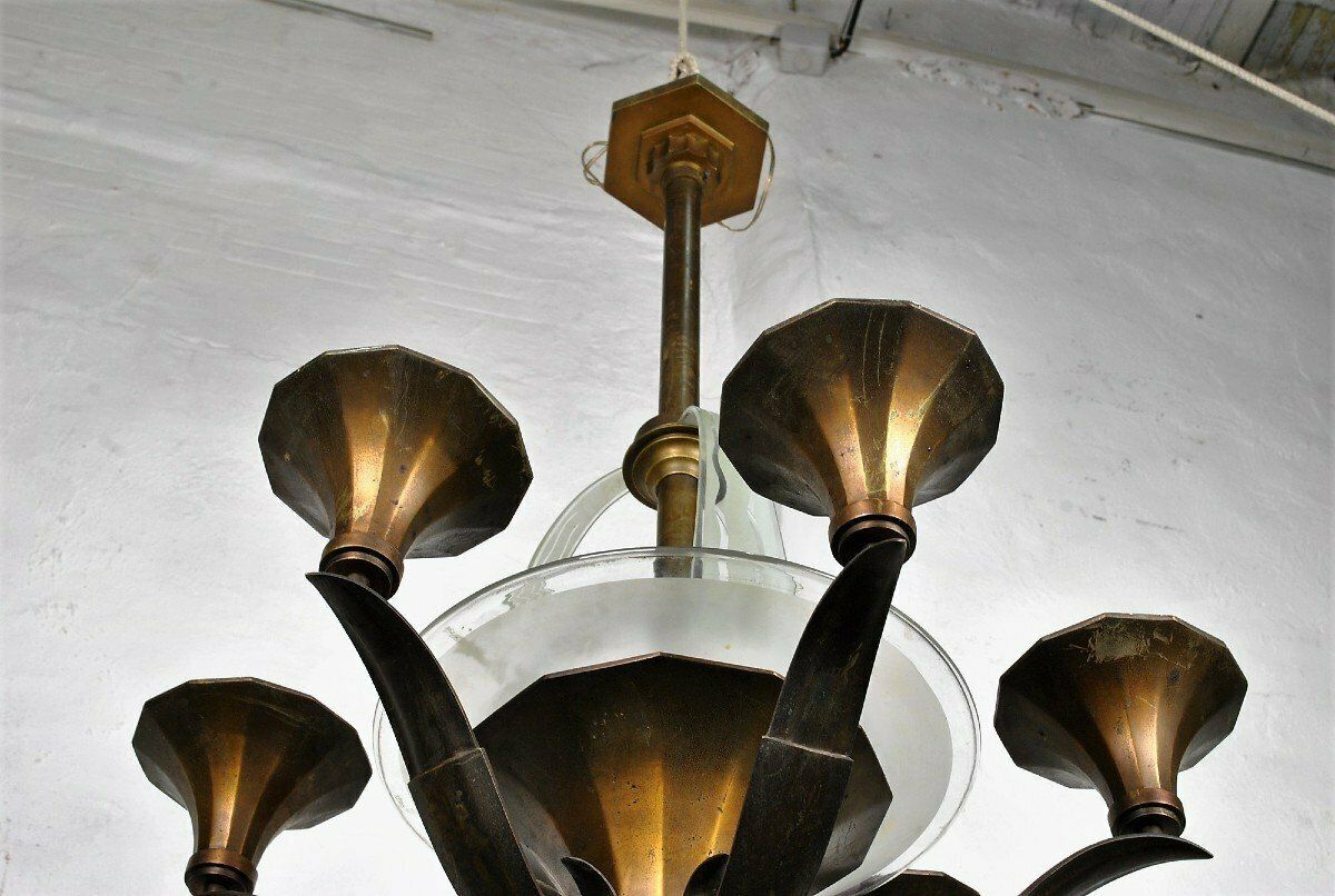 photo for sale Bronze And Glass Chandelier, Art Deco, 20th Century
