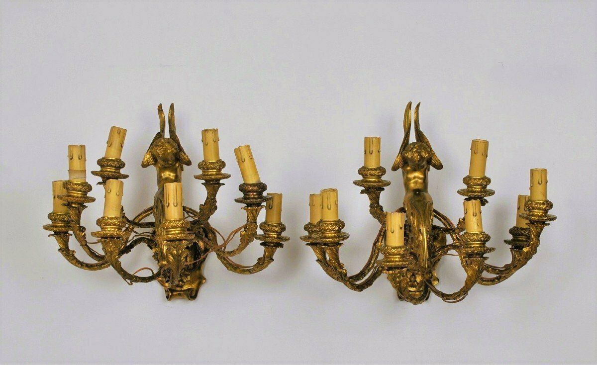 Pair Of Gilt Bronze Wall Lights With Winged Putti, Napoleon III, 19th Century