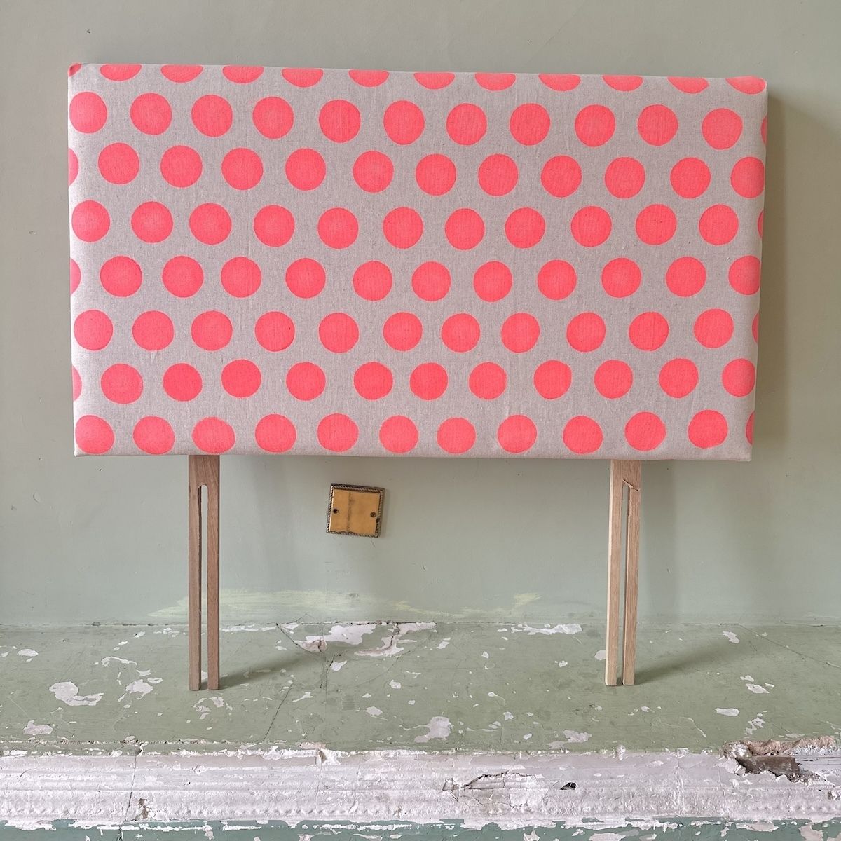 Upcycled Upholstered 'Spongey Spots' Coral Linen Headboard photo for sale