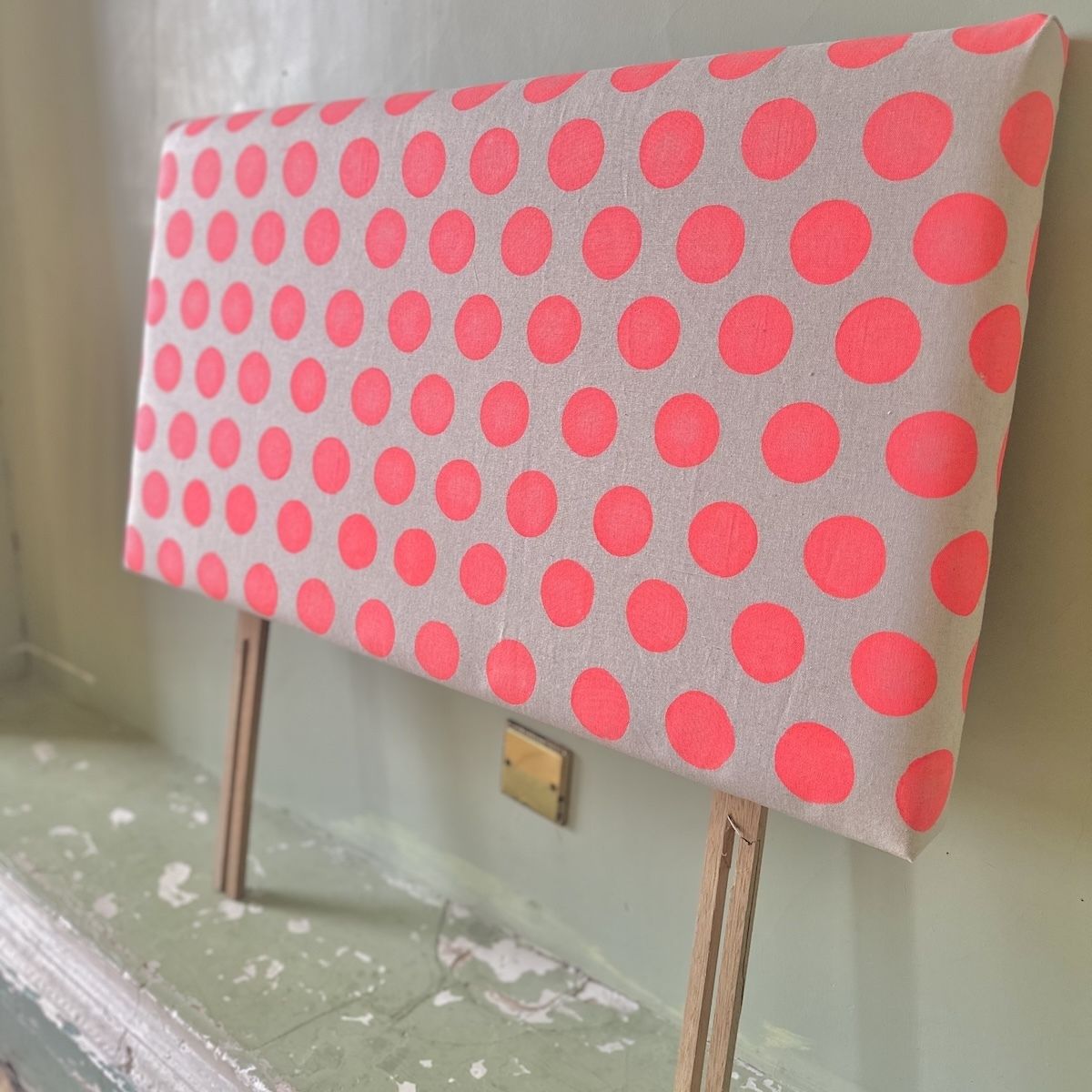 Upcycled Upholstered 'Spongey Spots' Coral Linen Headboard photo Furniture