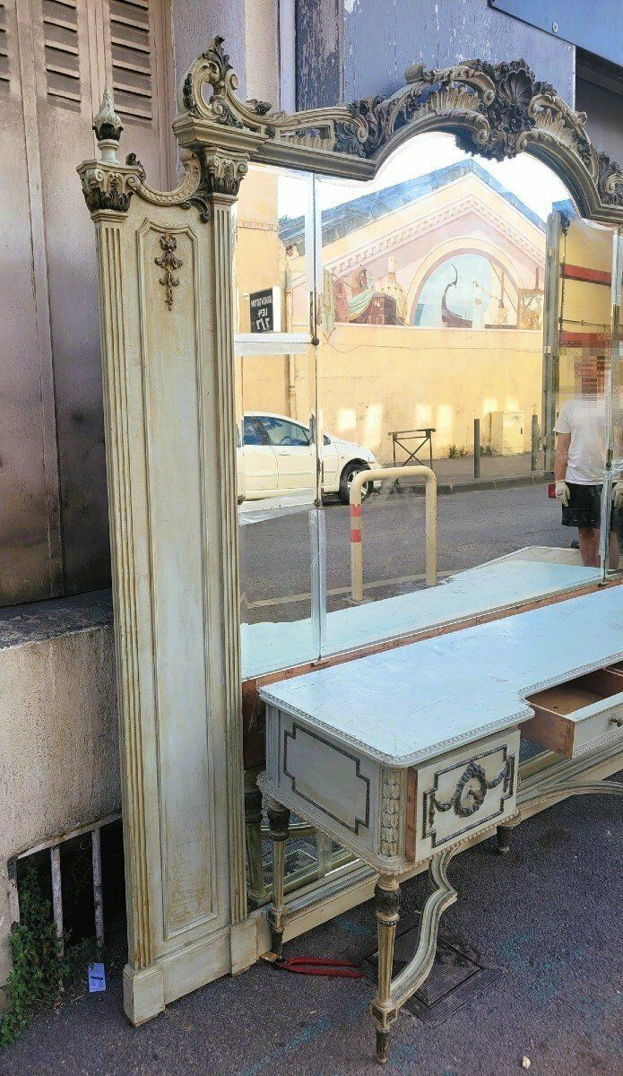 Lacquered Wood Dressing Table And Mirror In Louis XVI Style, Early 20th Century photo vintage