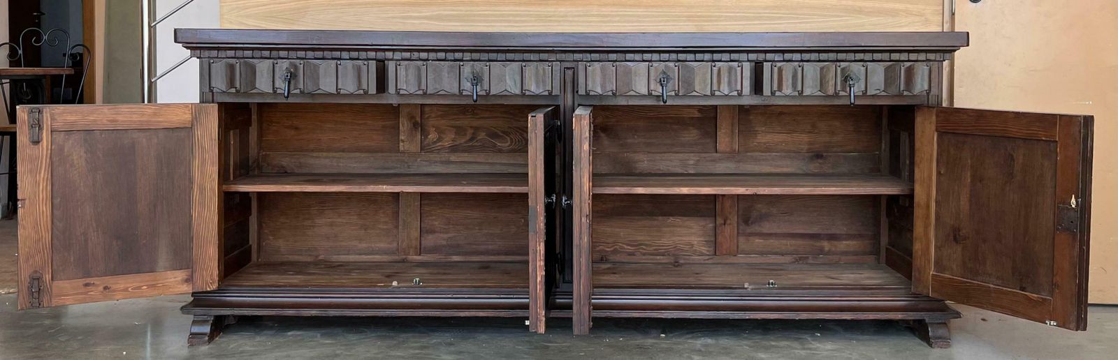 photo furniture Large 20th Century Catalan Spanish Baroque Carved Walnut Tuscan Credenza Or Buff