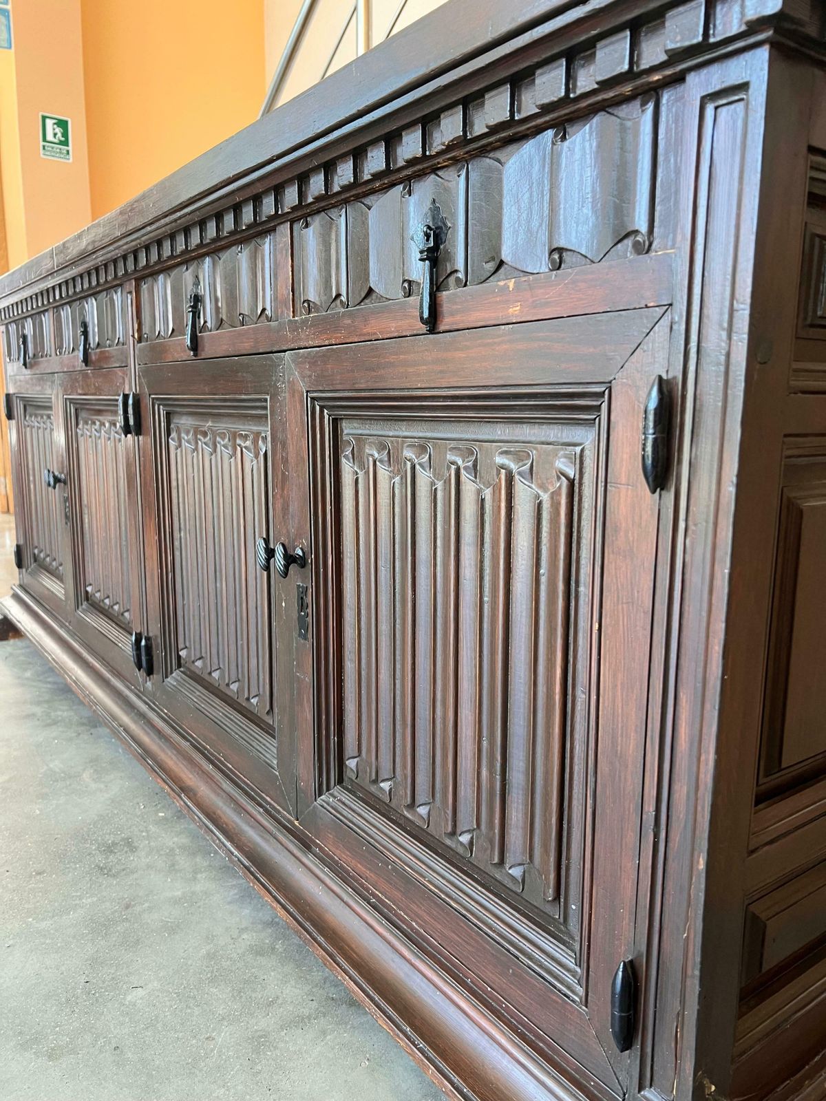 Furniture Large 20th Century Catalan Spanish Baroque Carved Walnut Tuscan Credenza Or Buff photo