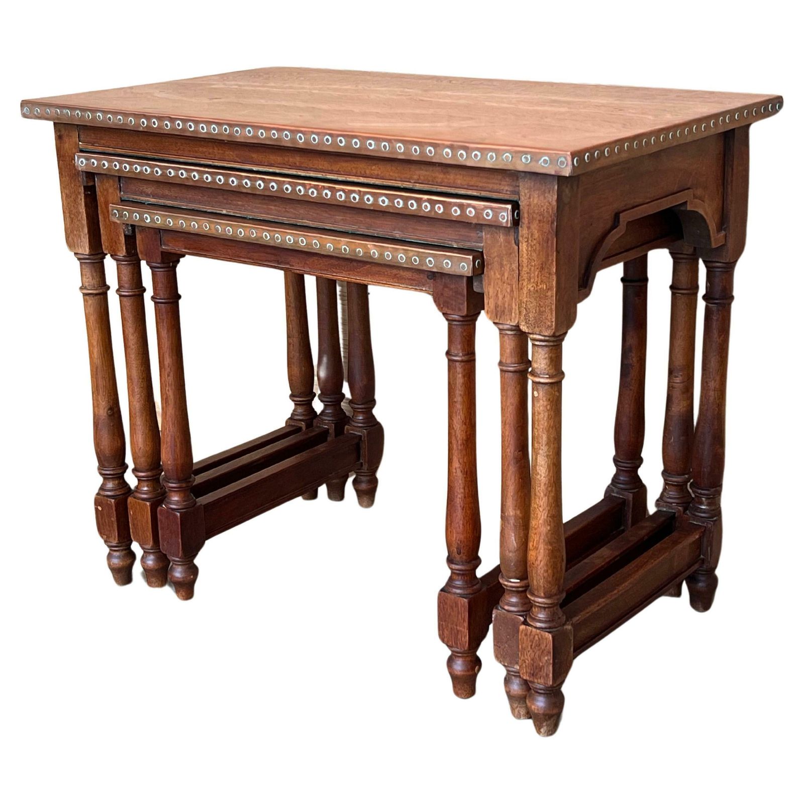 Set Of Three Spanish Walnut Nesting Tables With Copper Top