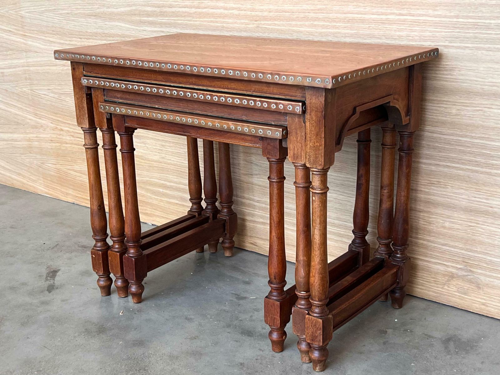 Set Of Three Spanish Walnut Nesting Tables With Copper Top photo 2003.0